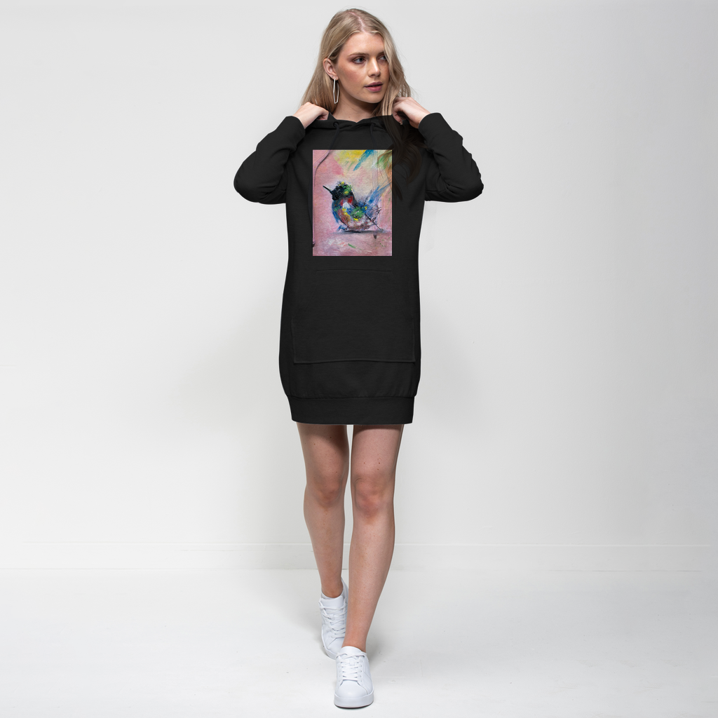 Abstract Bird ringspun cotton hoodie dress with hood drawstring toggles kangaroo pocket ribbed cuffs 280gsm
