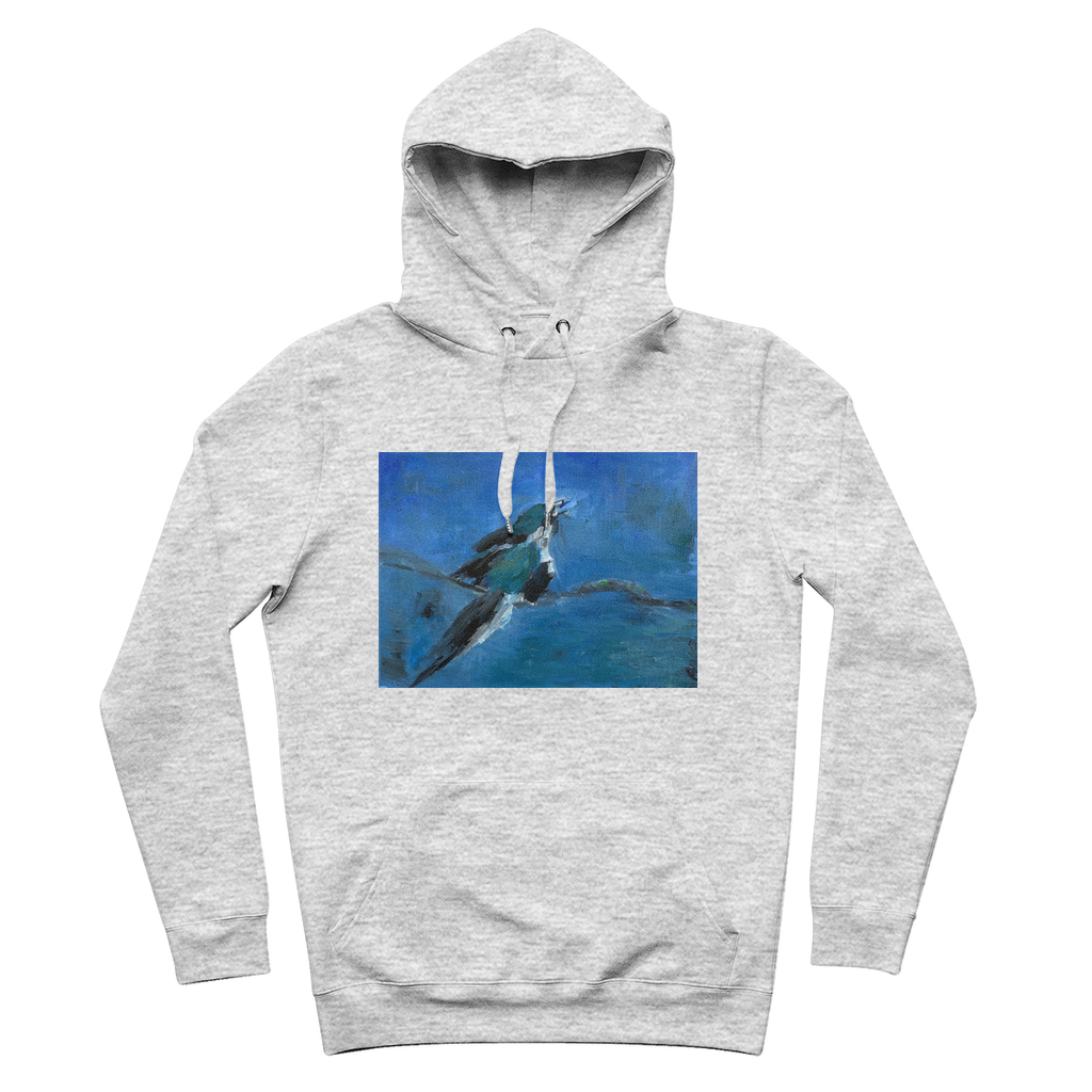 Blue Bird hoodie 100% organic cotton with artwork print ribbed cuffs and hem 280gsm GOTS OEKO-TEX