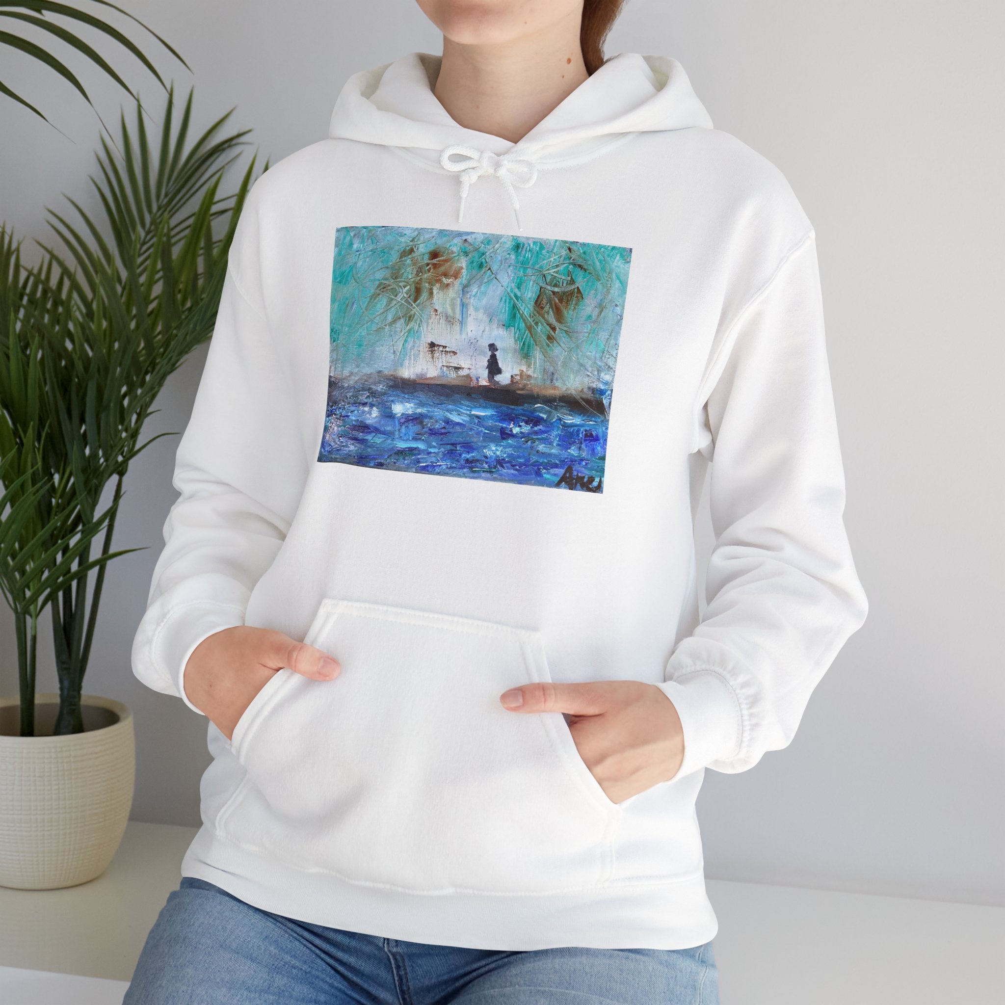 Beach Lover Hoodie unisex cotton polyester blend with Ane Howard 'Walk by the Beach' oil painting print on front