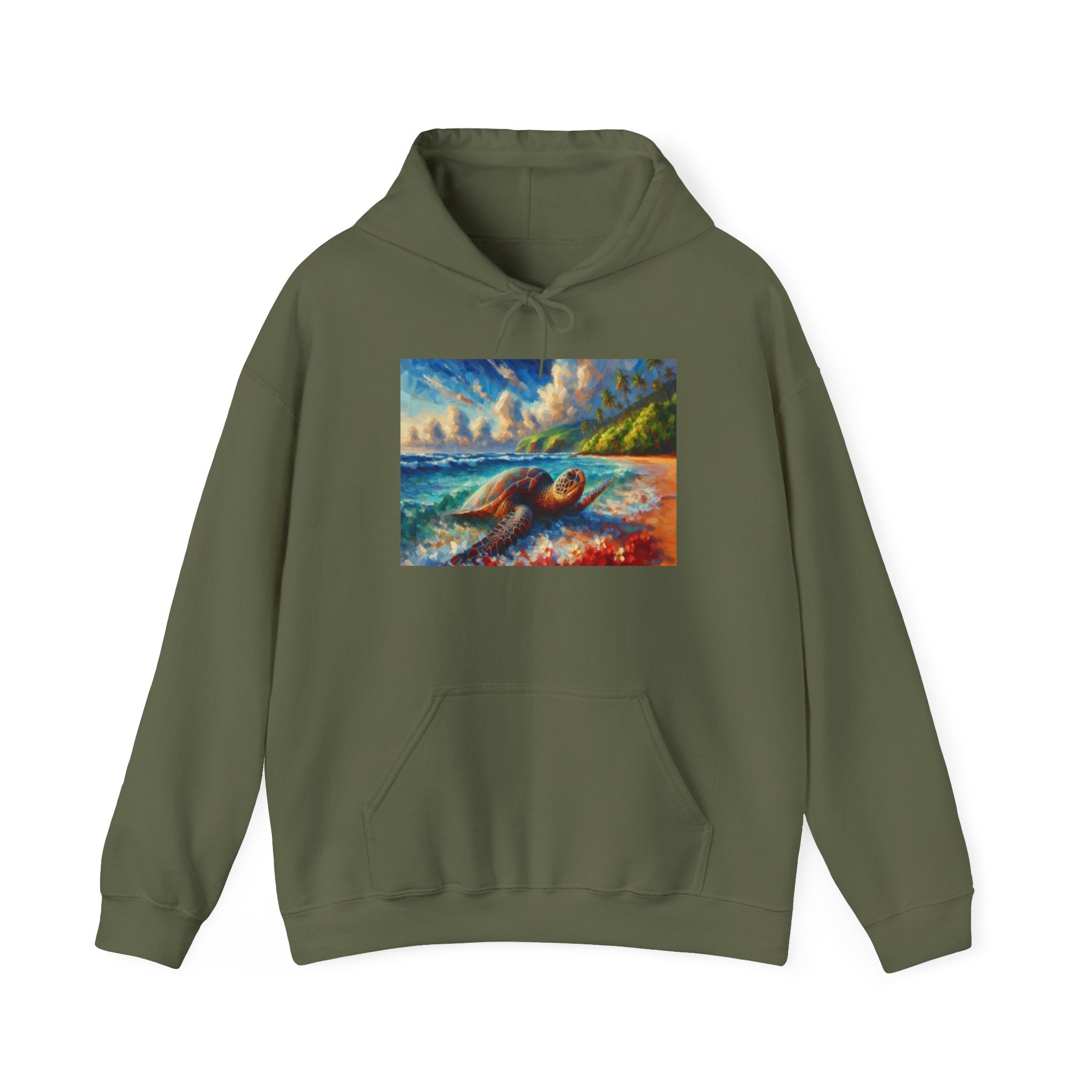 Aloha Turtle Unisex Heavy Cotton Hoodie with sea turtle art by Ane H kangaroo pocket adjustable drawstring 50% cotton 50% polyester