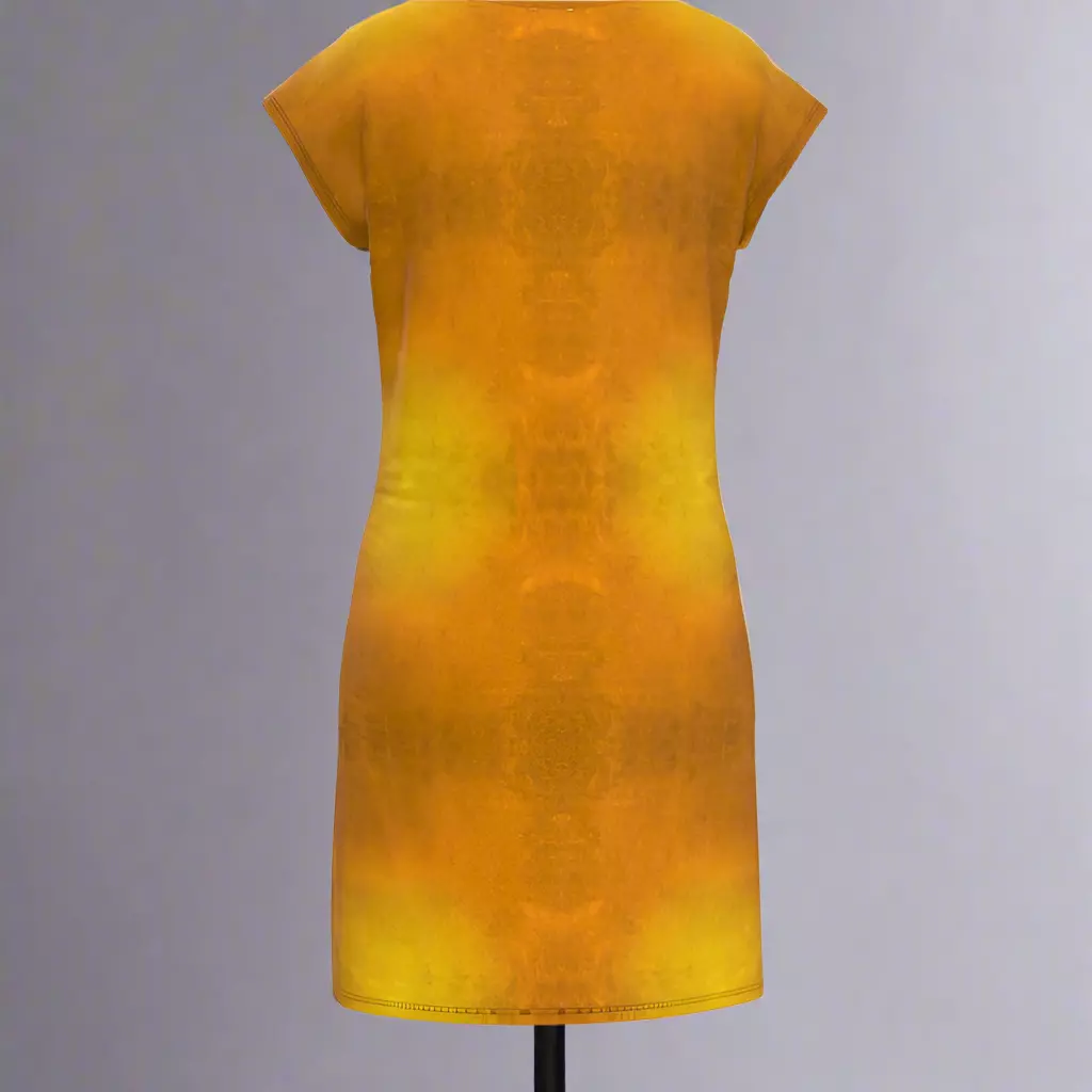Yellow dress on a mannequin with '©FABA' branding against a gray background