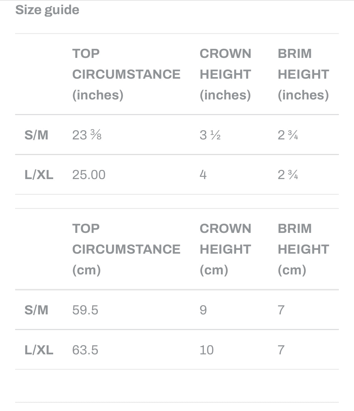 Bucket Hat Size chart