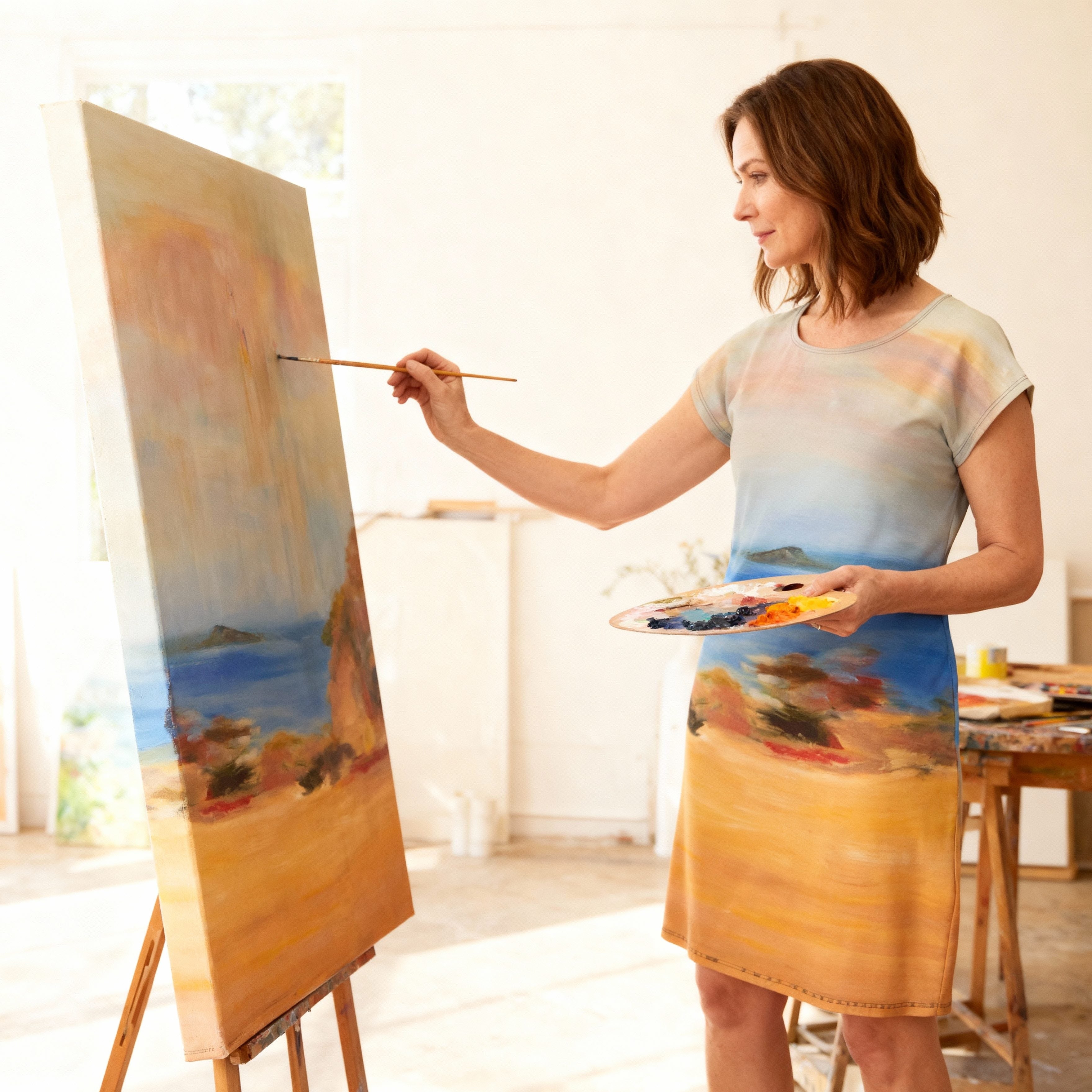 Ocean Beach Tunic T-Dress short sleeves rounded neckline 38in mid-thigh stretch velour recycled polyester cotton jersey with Ane Howard print