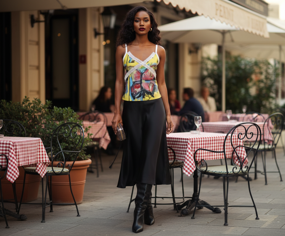 Woman walking in an outdoor cafe setting with tables and chairs.