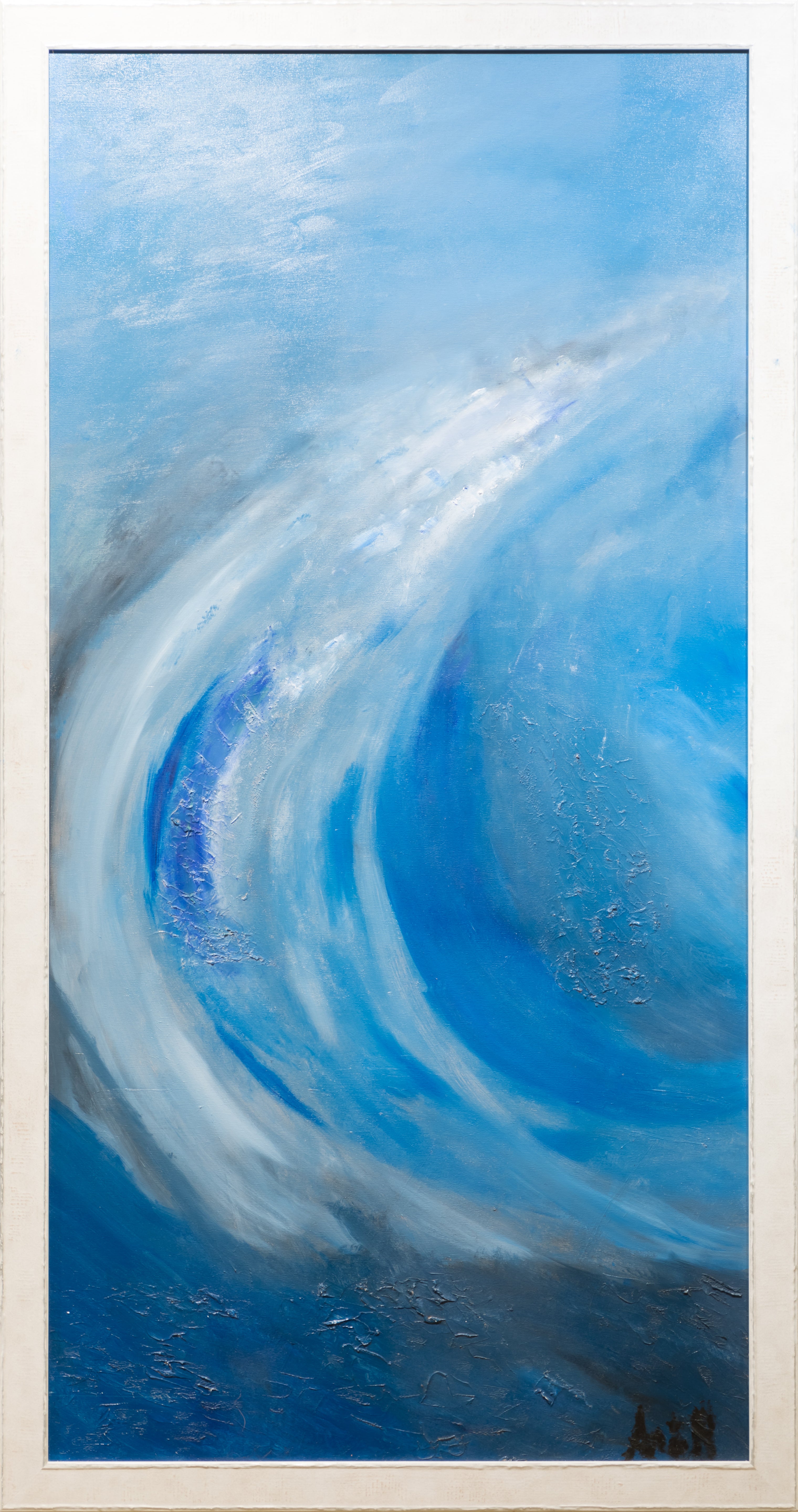 Abstract artwork with swirling blue and white patterns