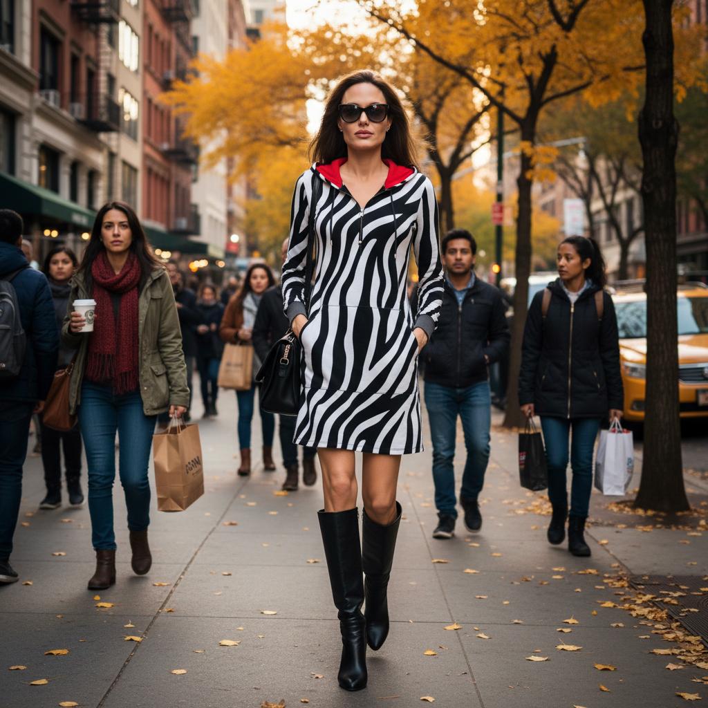 Zebra Red Hoodie Dress EcoJersey knit with kangaroo pocket hood inscription handmade in London