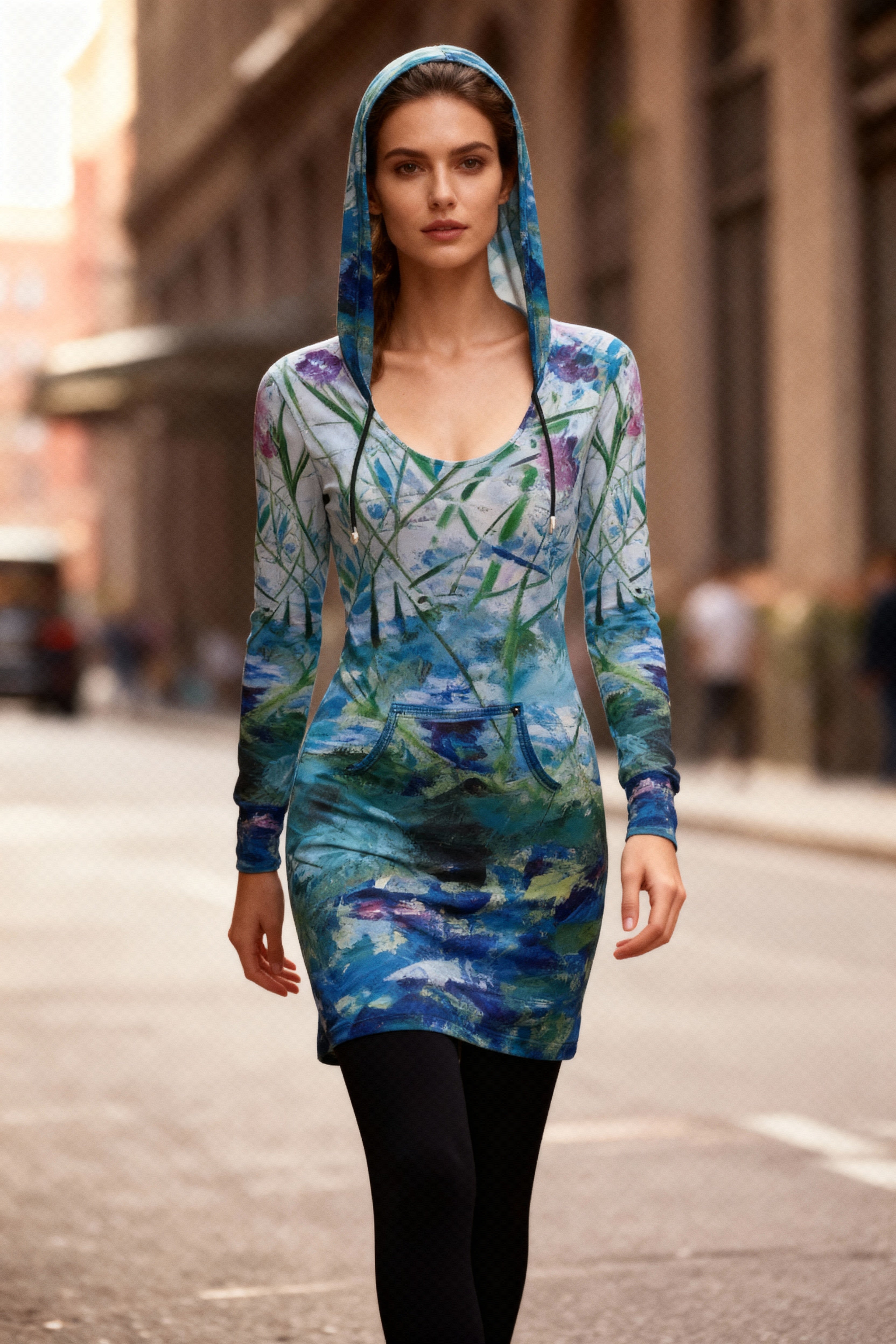 Hoodie Dress Secret Life of Plants EcoJersey knit short dress with kangaroo pocket hood drawstring hidden inscription artwork print