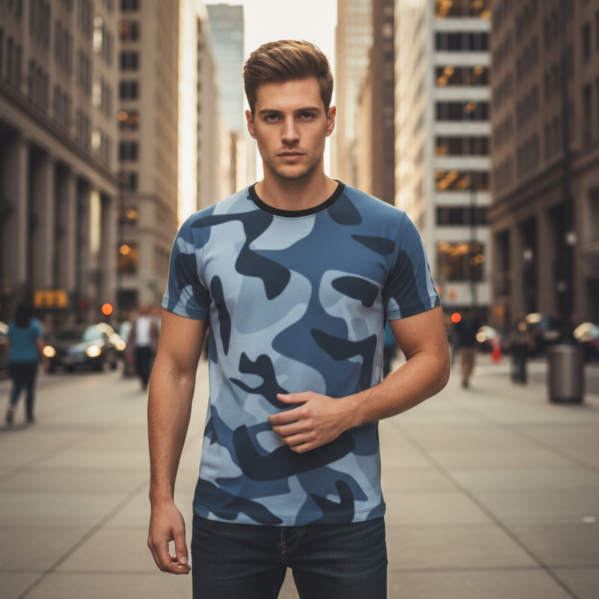 Man wearing a blue camouflage t-shirt on a city street