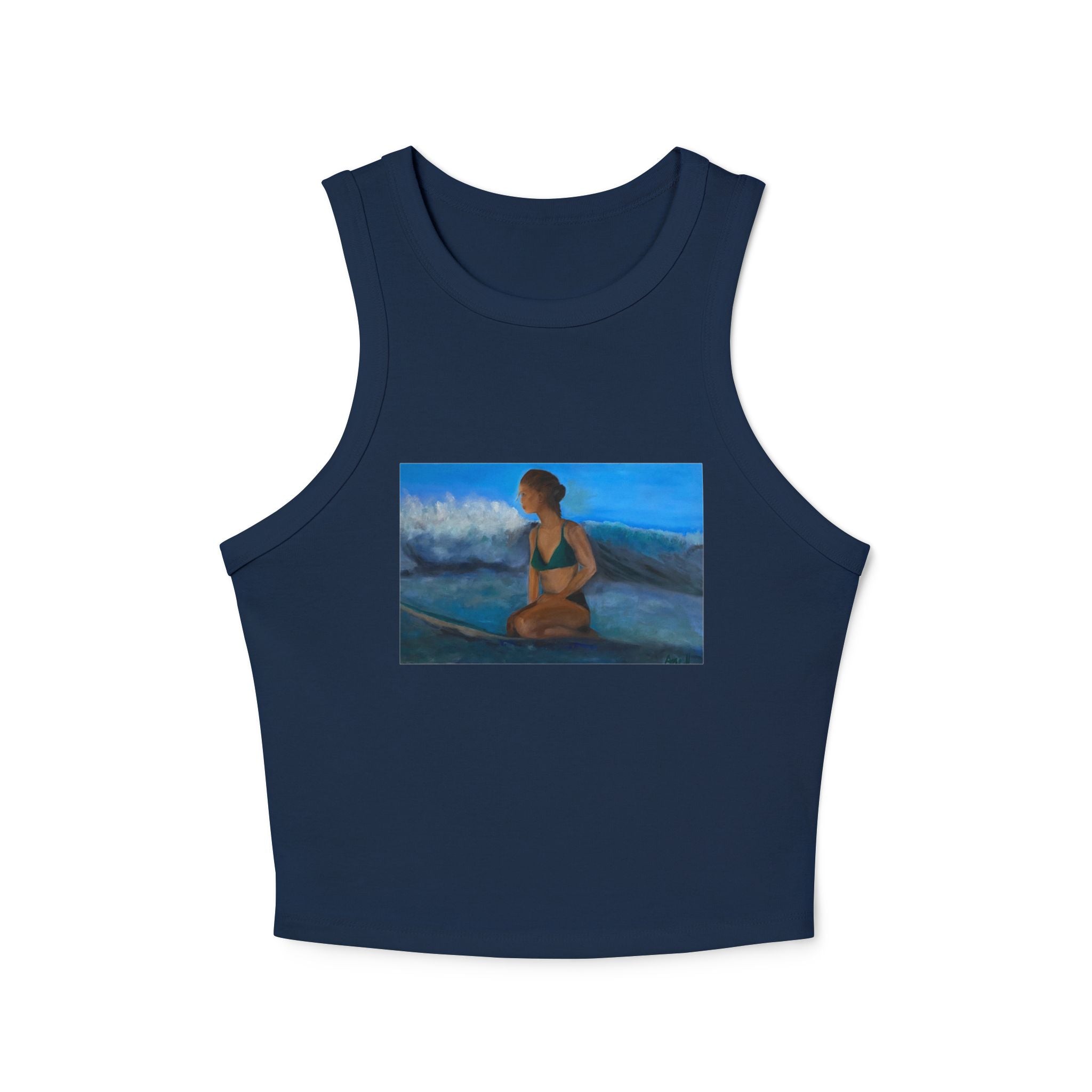 Navy blue tank top with a surfer design