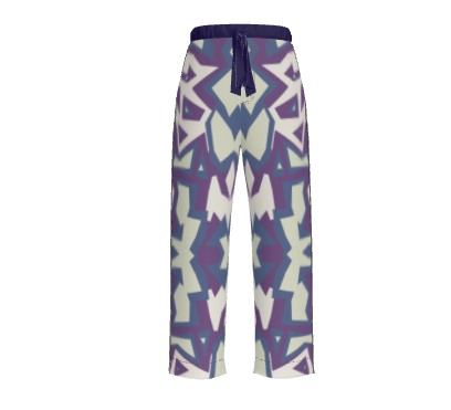 Geometric patterned pants with a belt on a white background