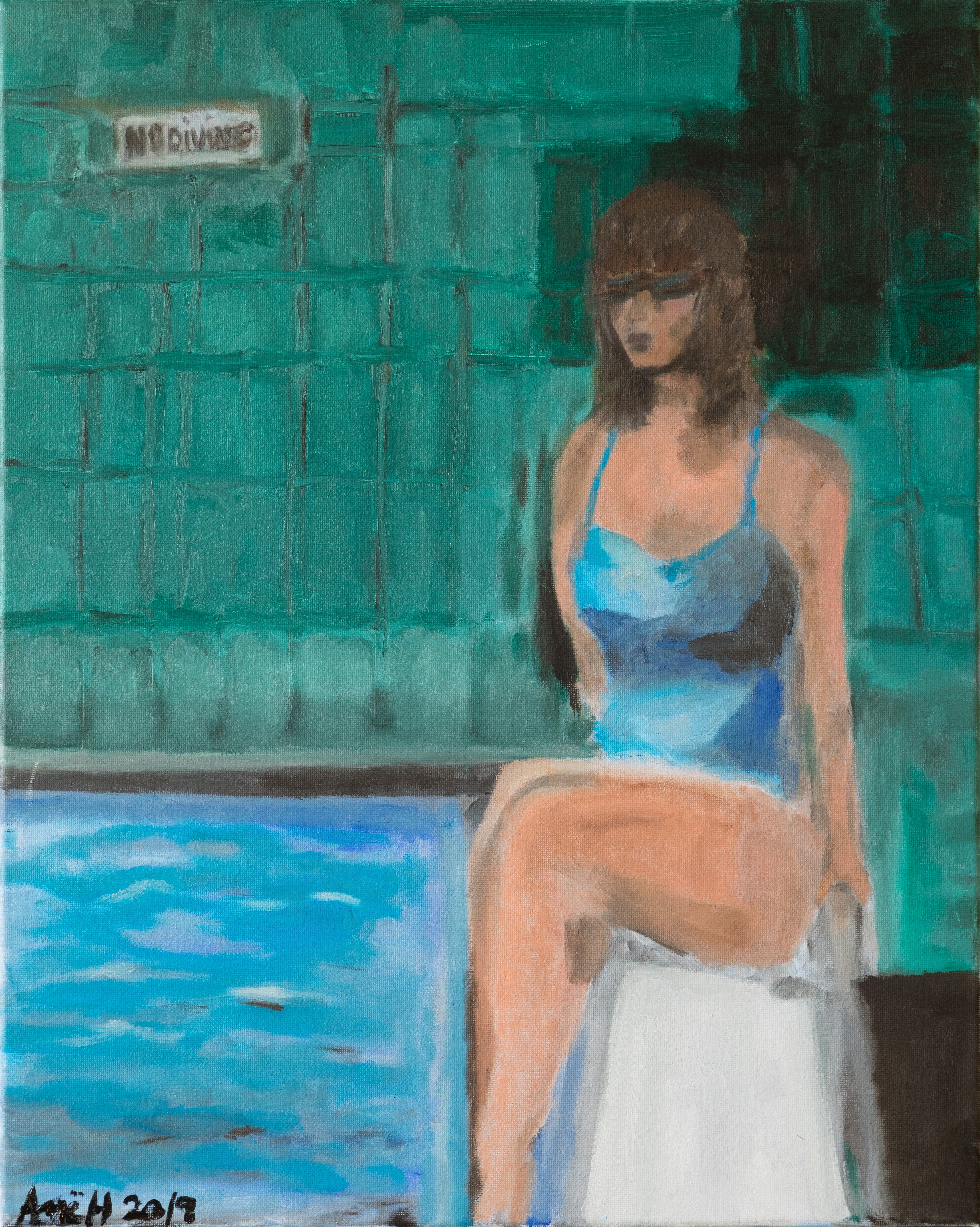 Sitting by the Pool painting with woman in blue swimsuit at pool edge textured brushstrokes and No Diving sign