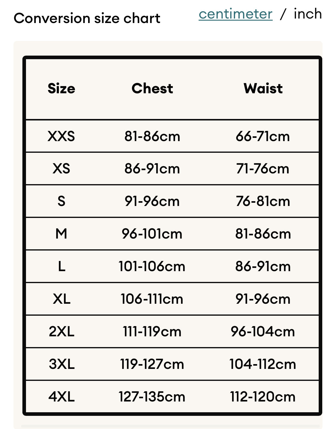 Size Chart Men's Bomber jacket centimeters