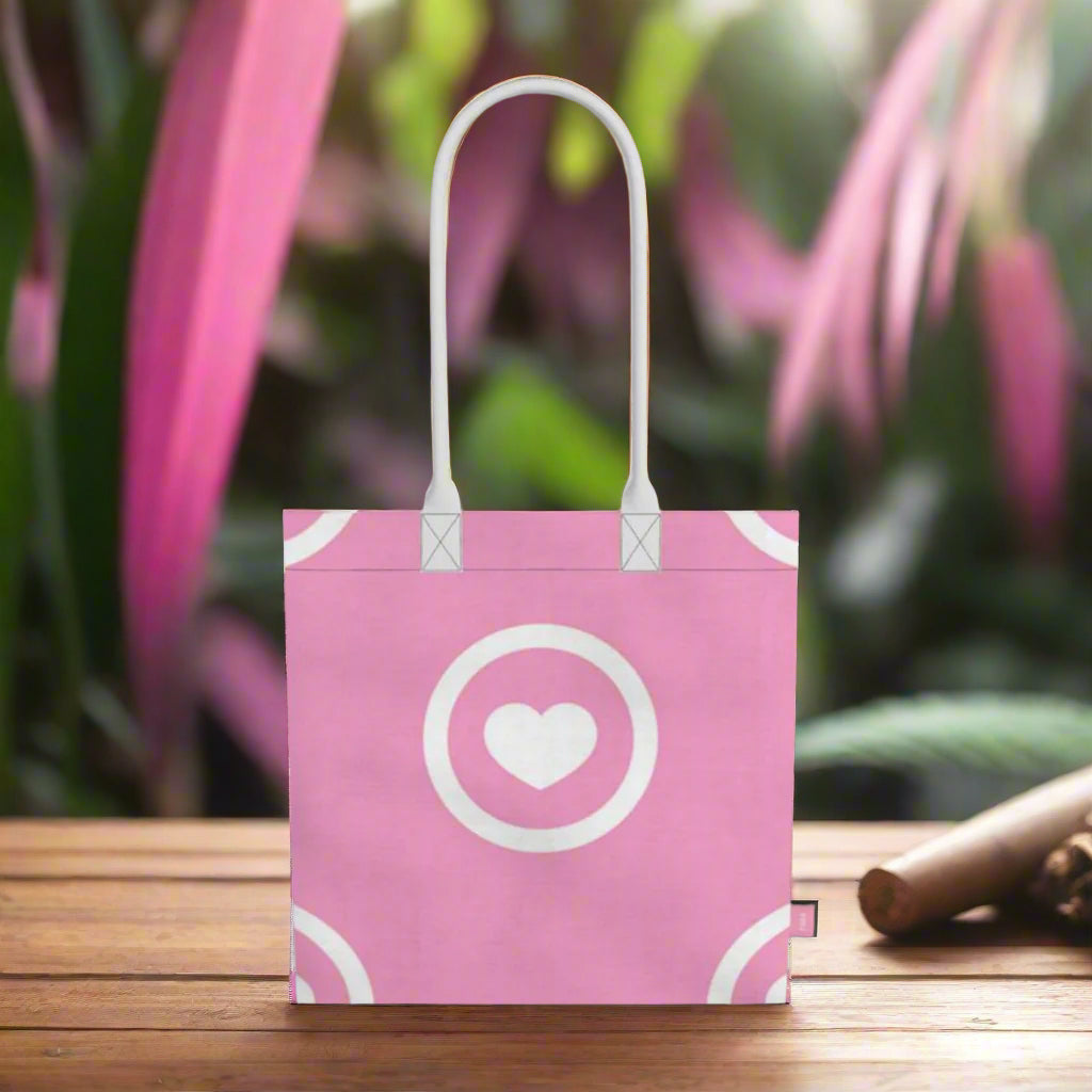 Pink tote bag with white heart and circle pattern on a jungle background