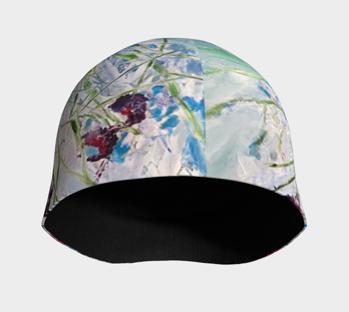 Colorful floral patterned beanie on a light gray background