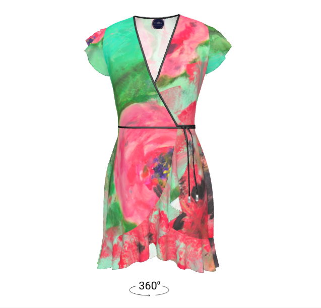 Floral dress with green and pink colors on a white background