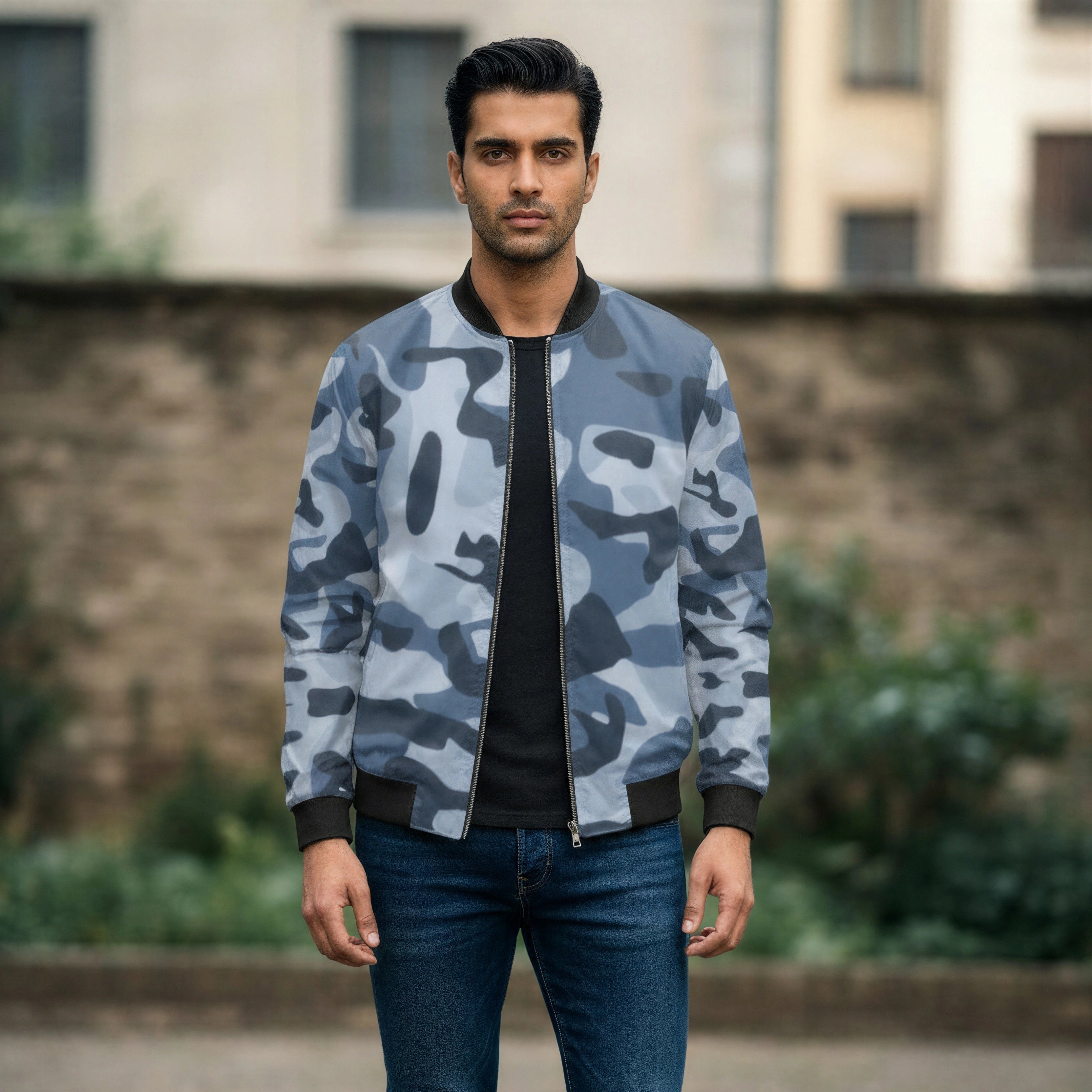 Man wearing a blue camouflage bomber jacket and dark jeans standing outdoors.