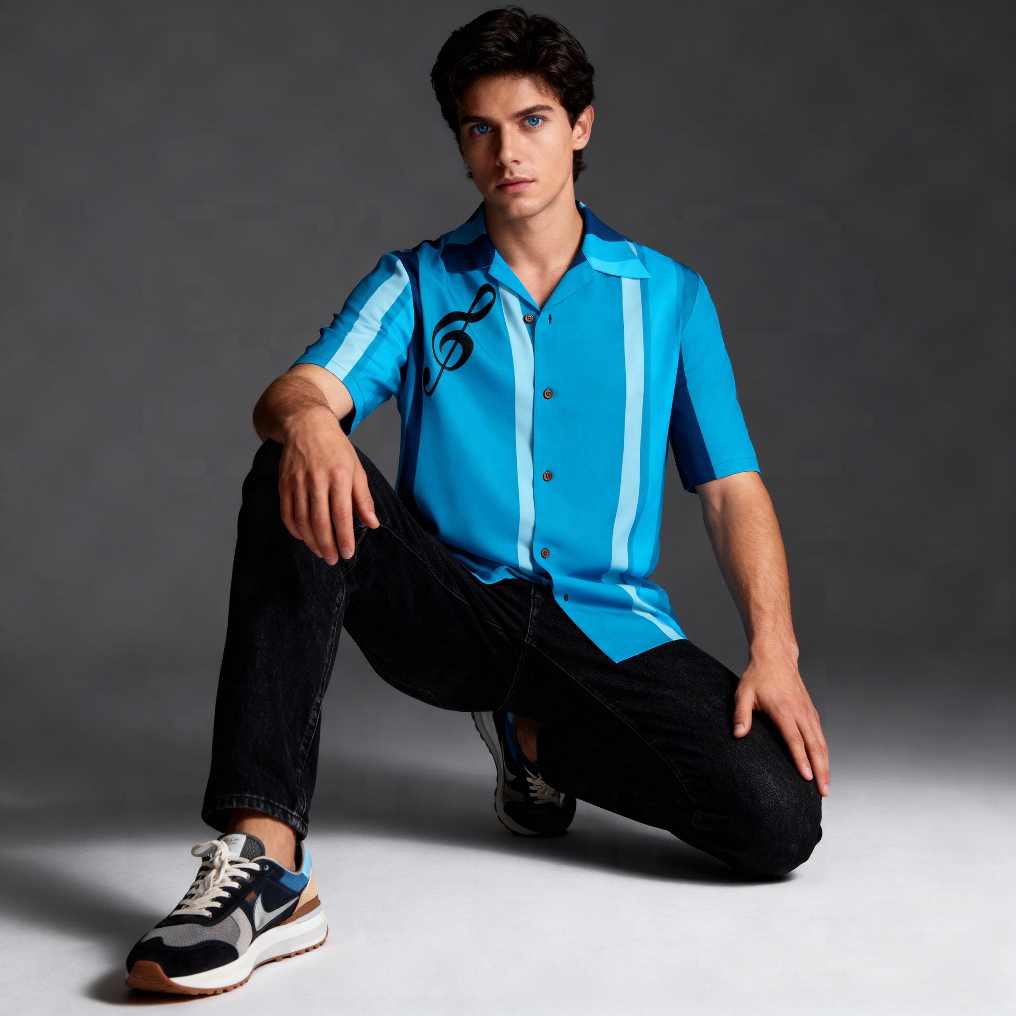 Blue Blue Men's Revere Shirt organic cotton short sleeve slight sheen Blue Note artwork handmade in London