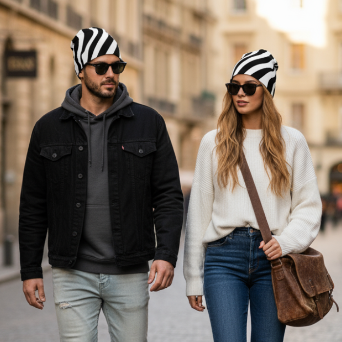 Two people walking on a street, wearing matching striped beanies and sunglasses.
