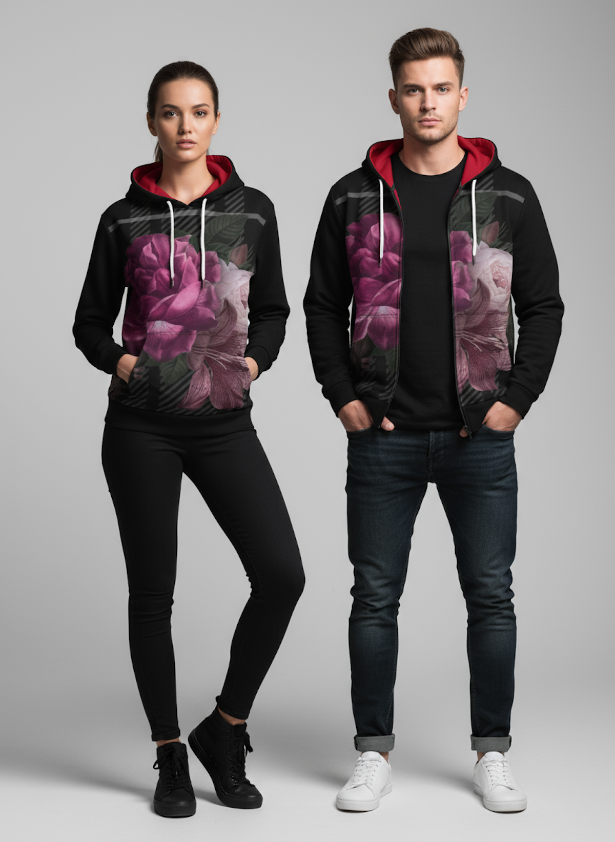 New Floral Tartan Unisex Hoodie floral tartan print recycled woven 100% poly OEKO certified zipper or pullover option