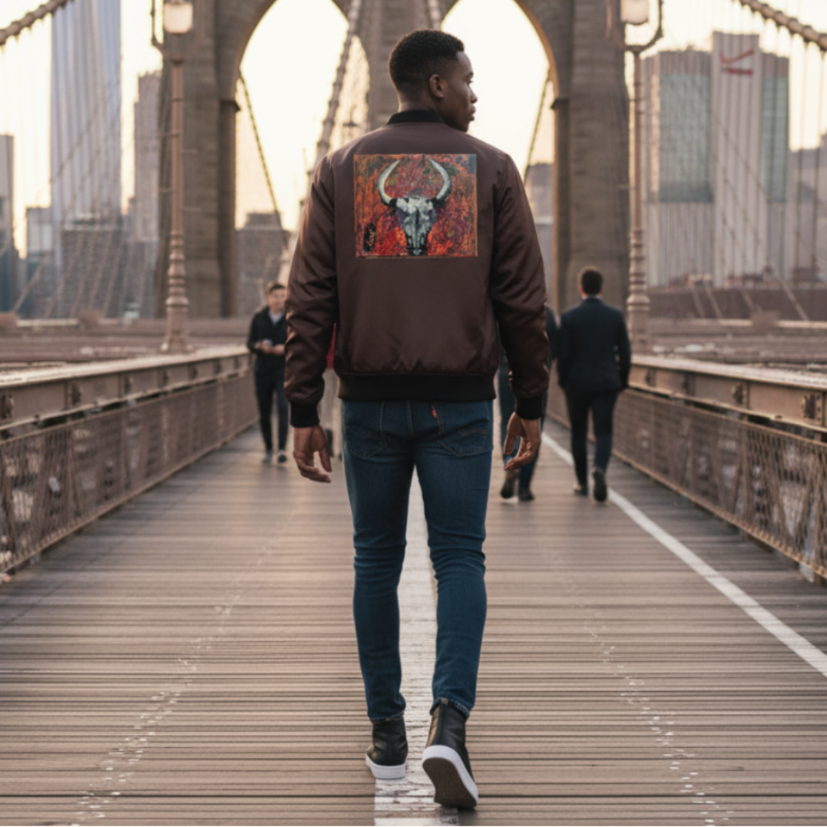 Person walking on the Brooklyn Bridge with city skyline in the background