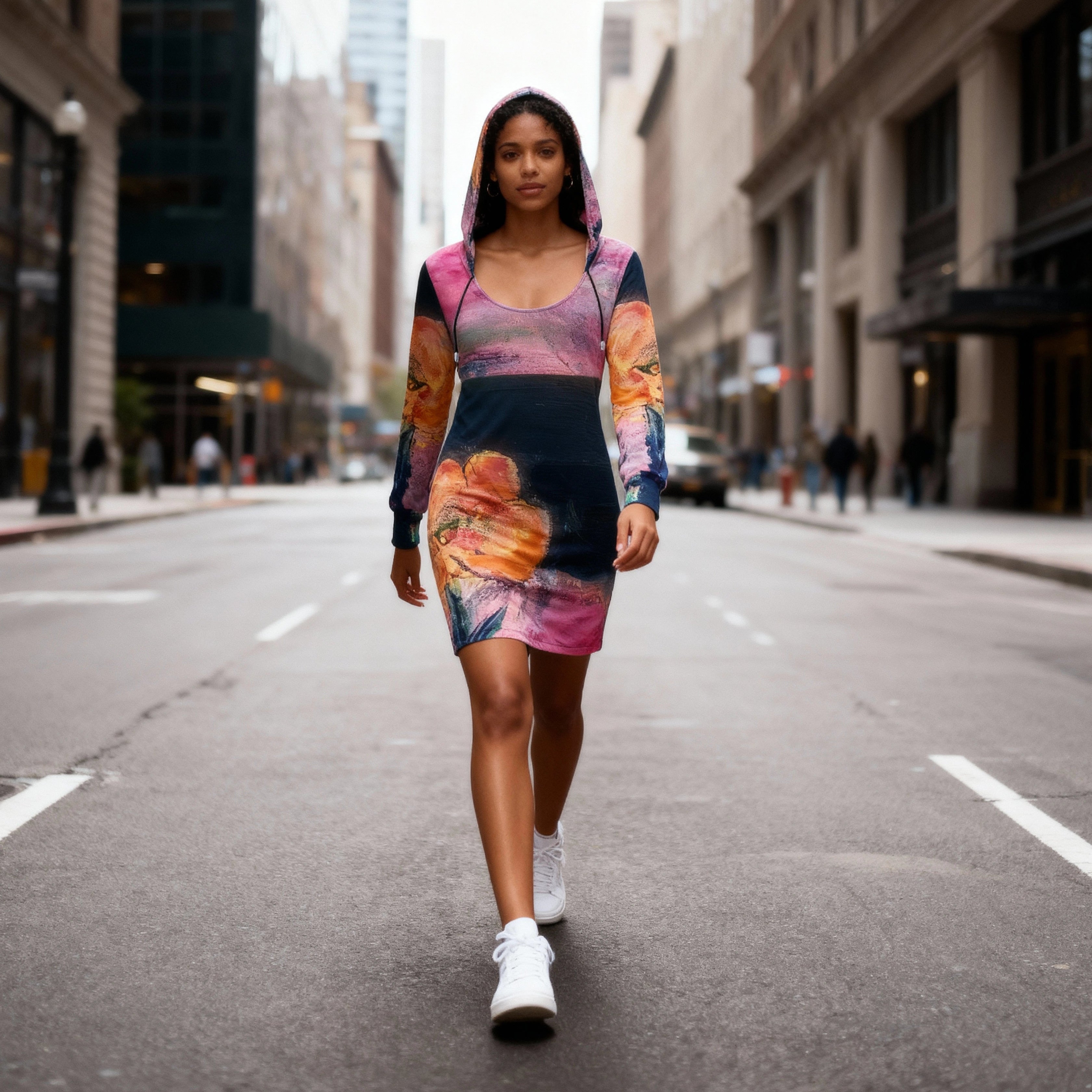 Desert Rose Hoodie Dress EcoJersey knit kangaroo pocket hood drawstring long sleeves handmade in London