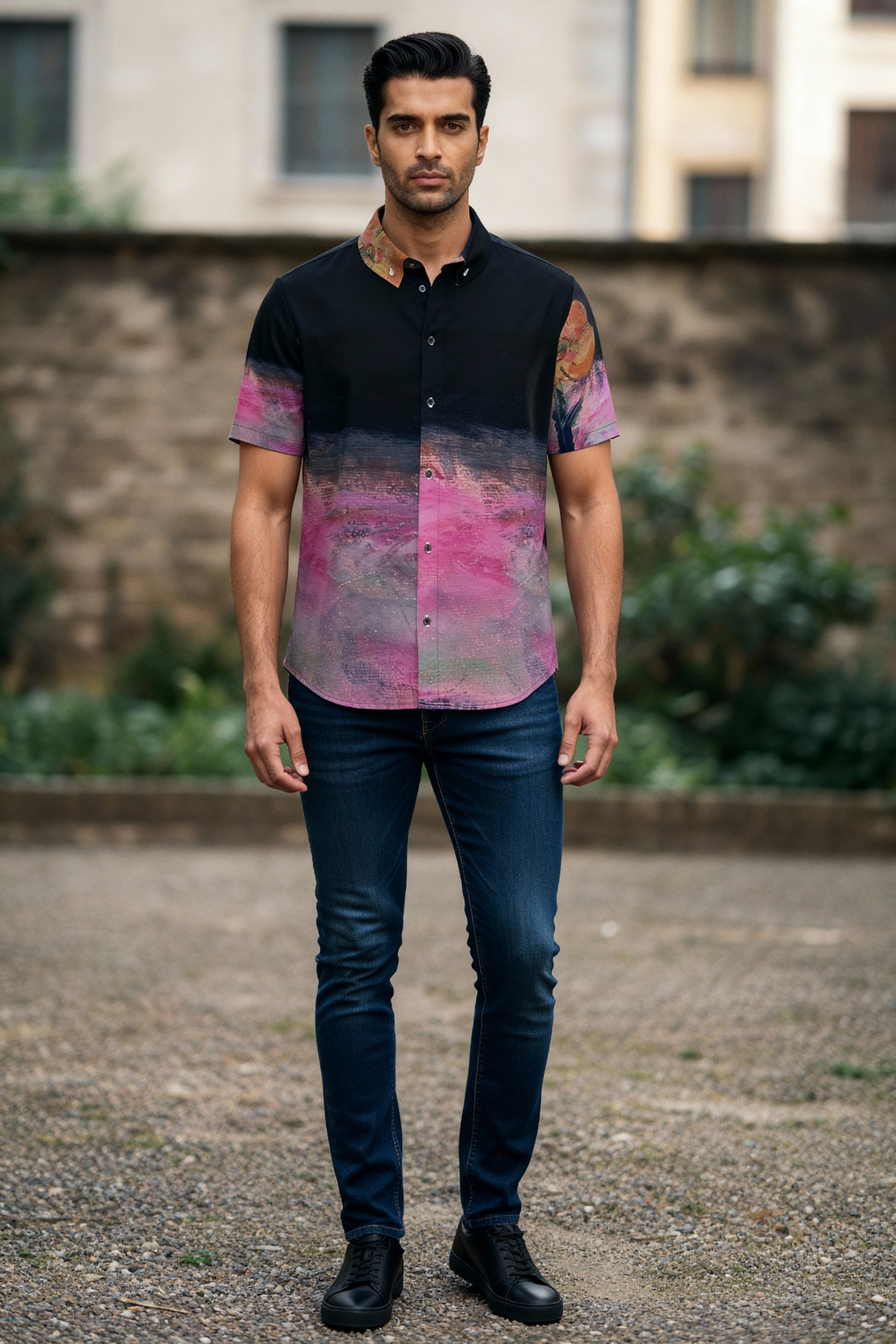 Man wearing a black and pink checkered shirt with blue jeans standing outdoors.