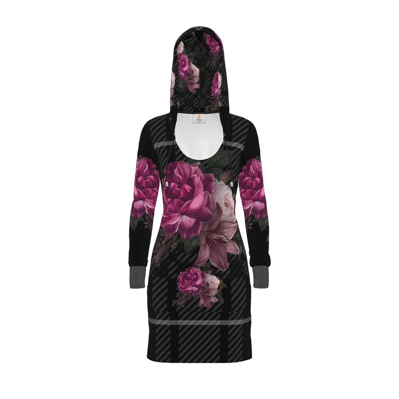 Floral hoodie dress with pink roses on a black background