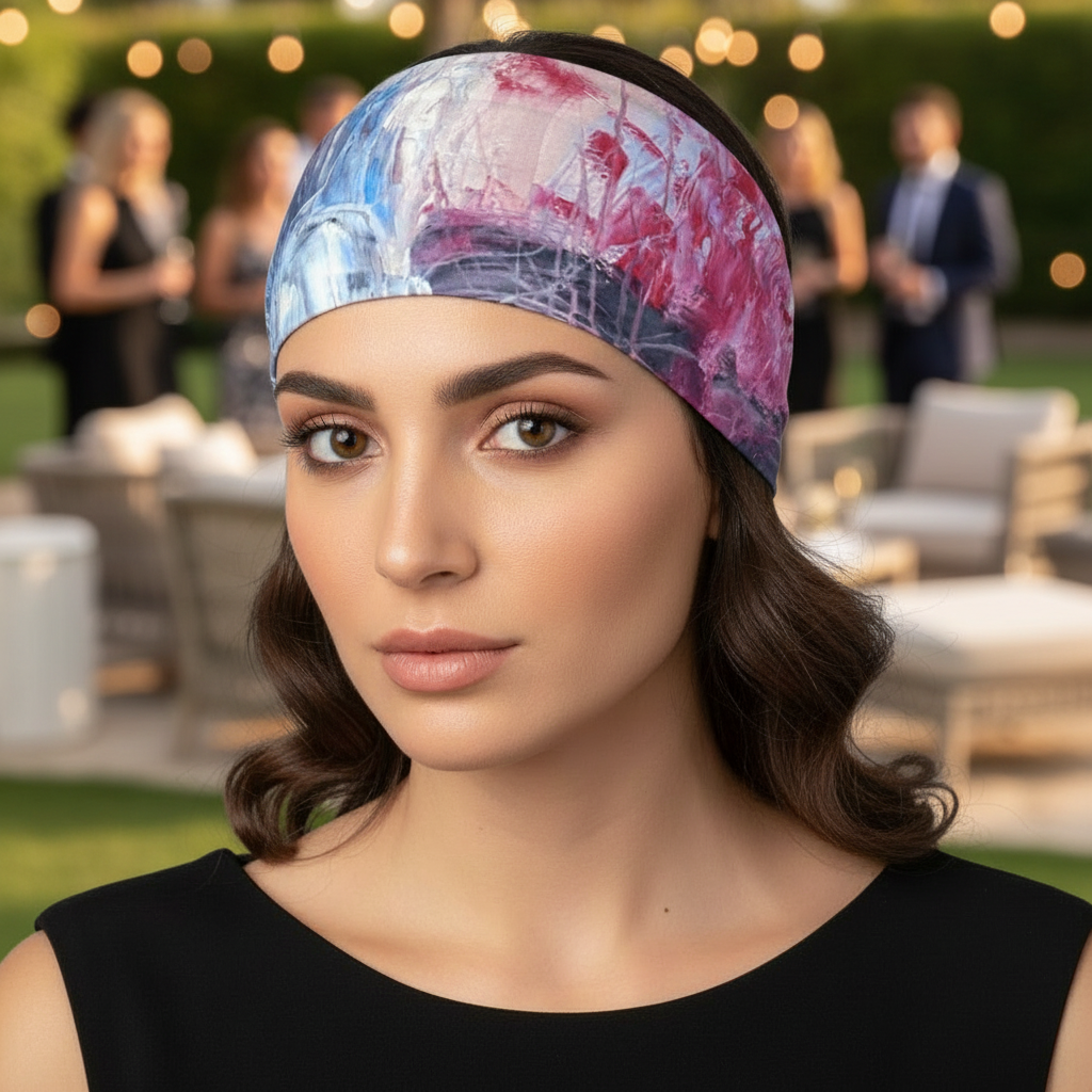 Woman wearing a colorful headband against a gray background