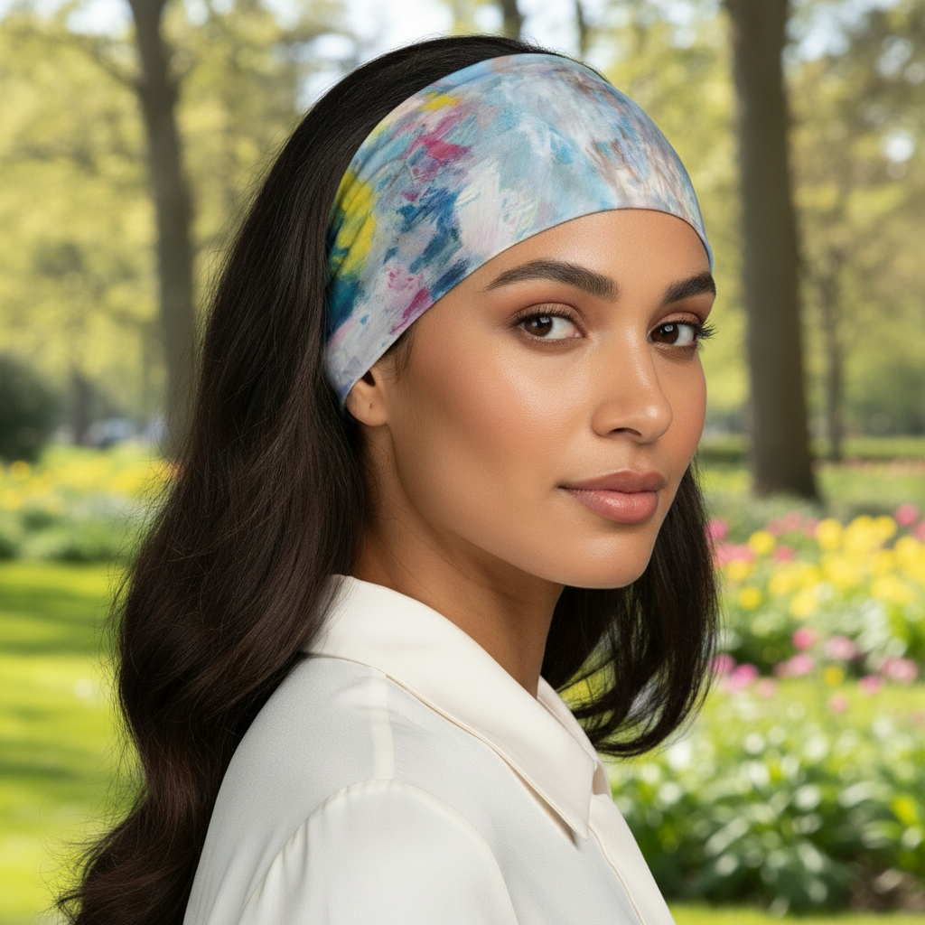 Woman wearing a colorful headband against a gray background