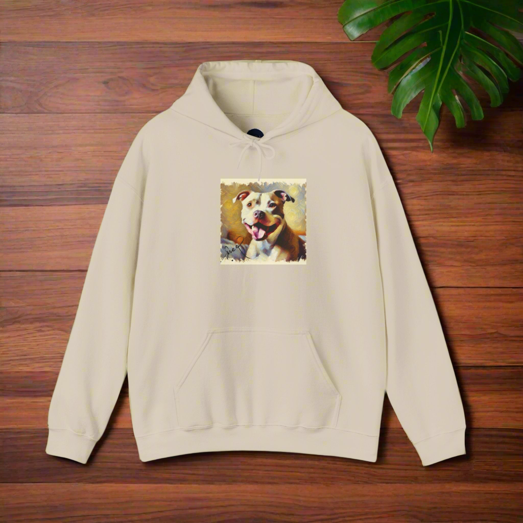 A beige cotton hoodie with a front pouch pocket, featuring a printed image of a smiling Pittbull dog in the center.