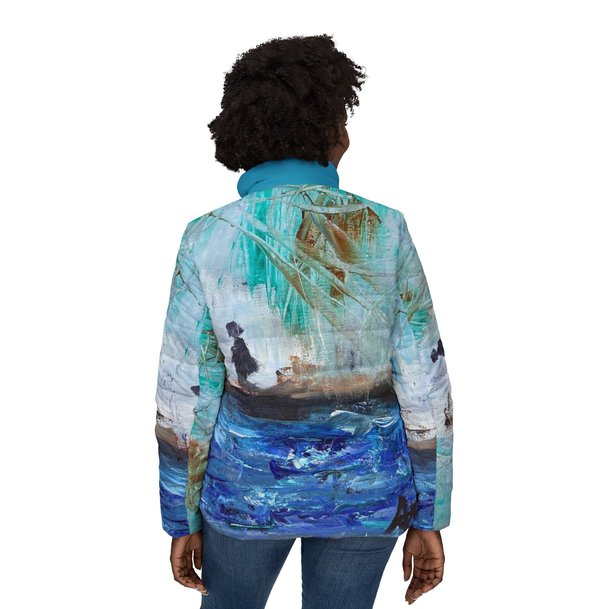 Person wearing a colorful jacket with artistic design on a white background