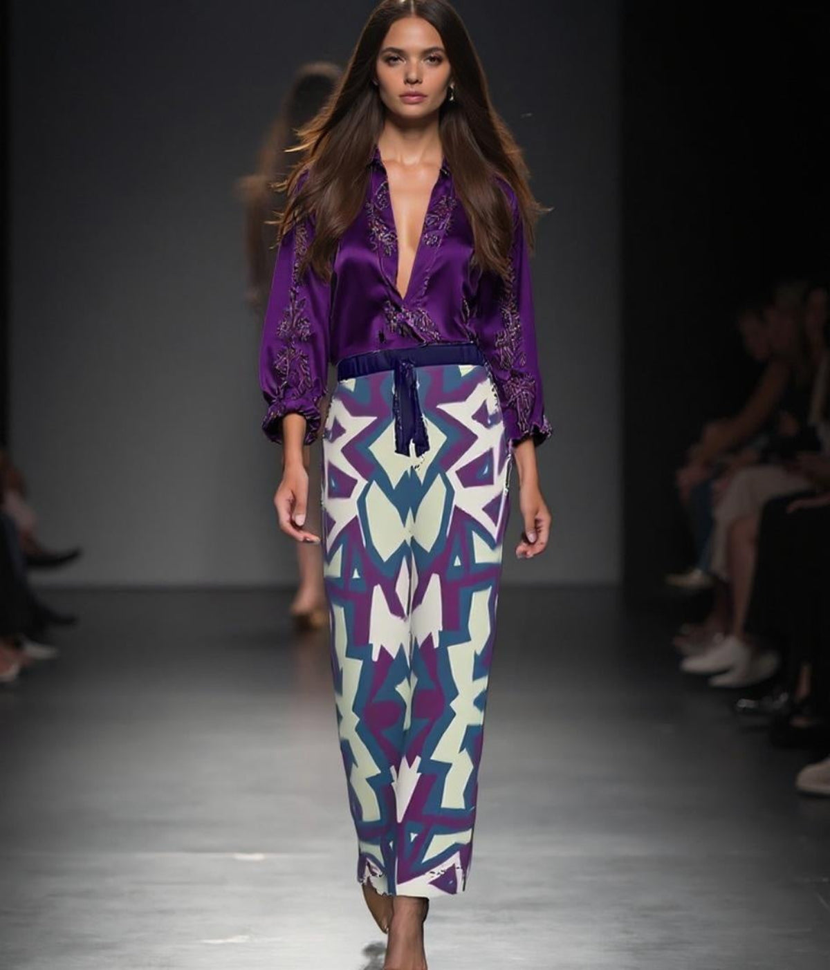 Model walking on a runway wearing a purple top and patterned skirt.