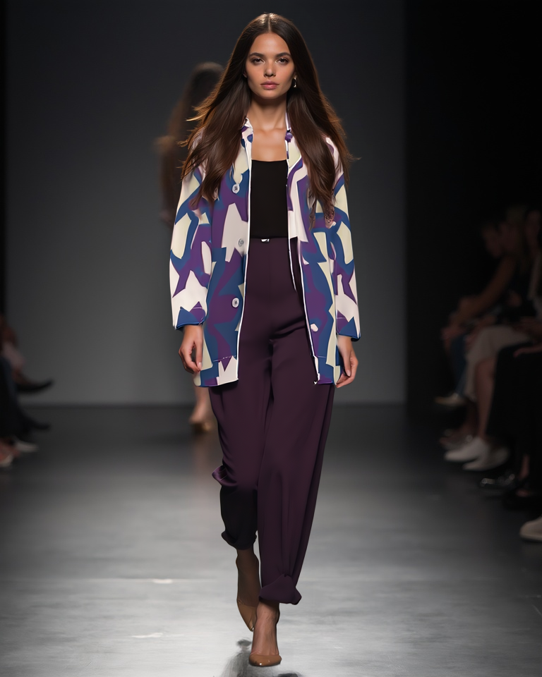 Model walking on a runway wearing a patterned coat and purple pants.