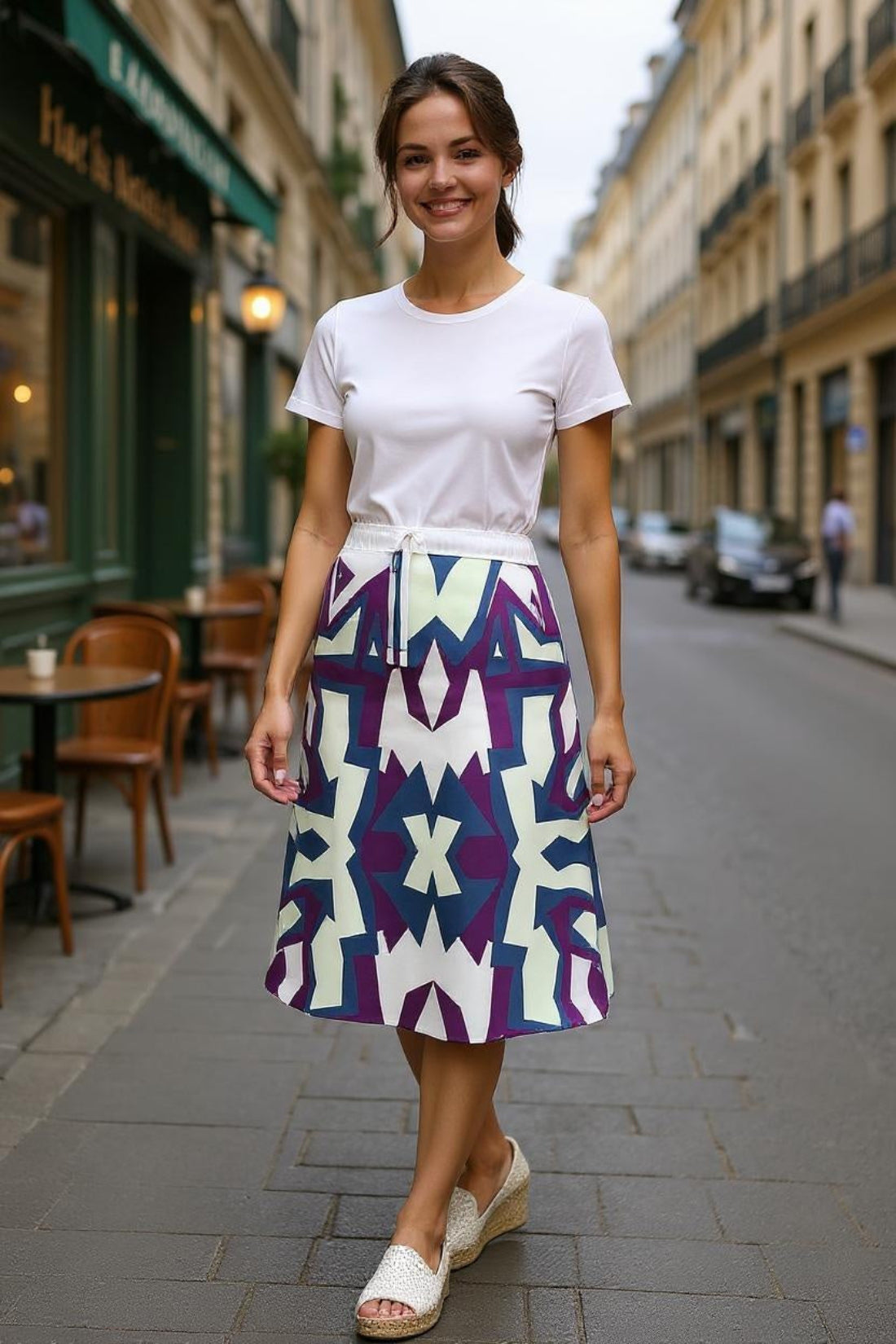 Woman wearing a white t-shirt and patterned skirt on a city street.