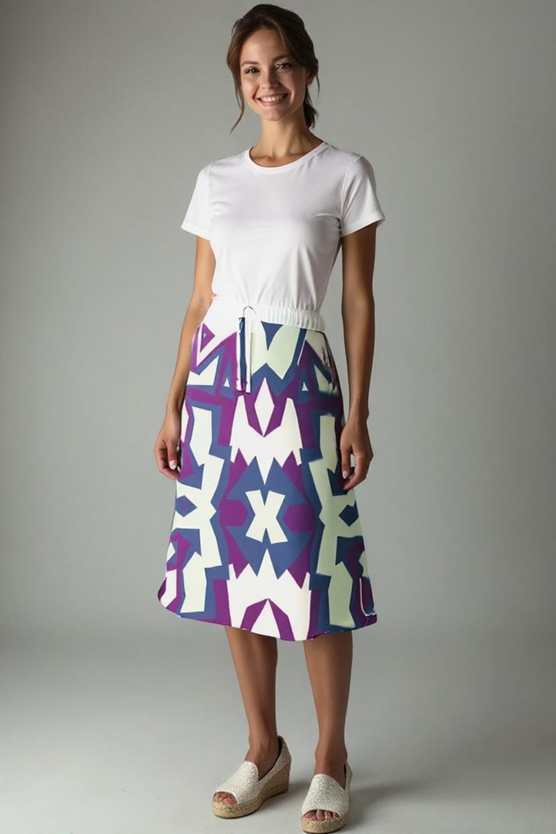 Woman wearing a white t-shirt and a colorful patterned skirt on a gray background
