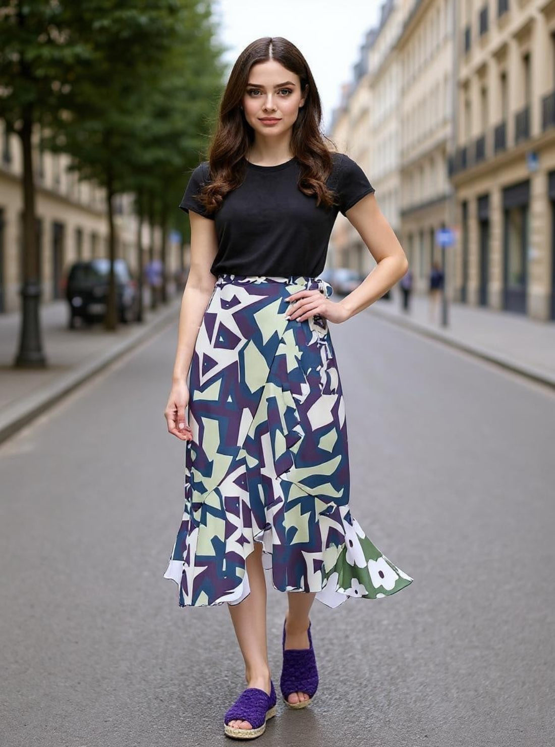 Woman wearing a black top and colorful geometric skirt on a city street.