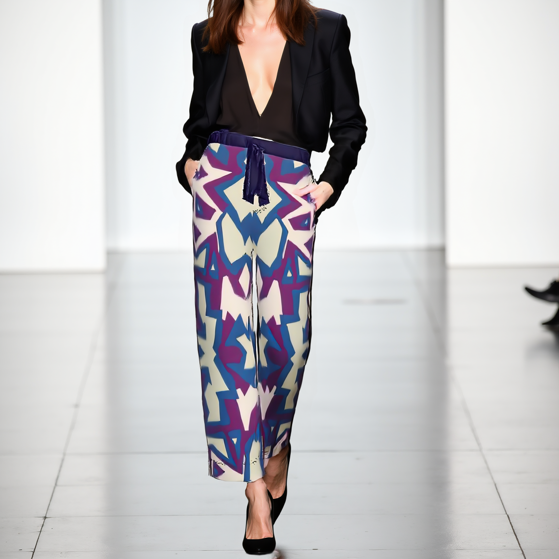 Woman wearing a black top and colorful geometric-patterned pants on a white background