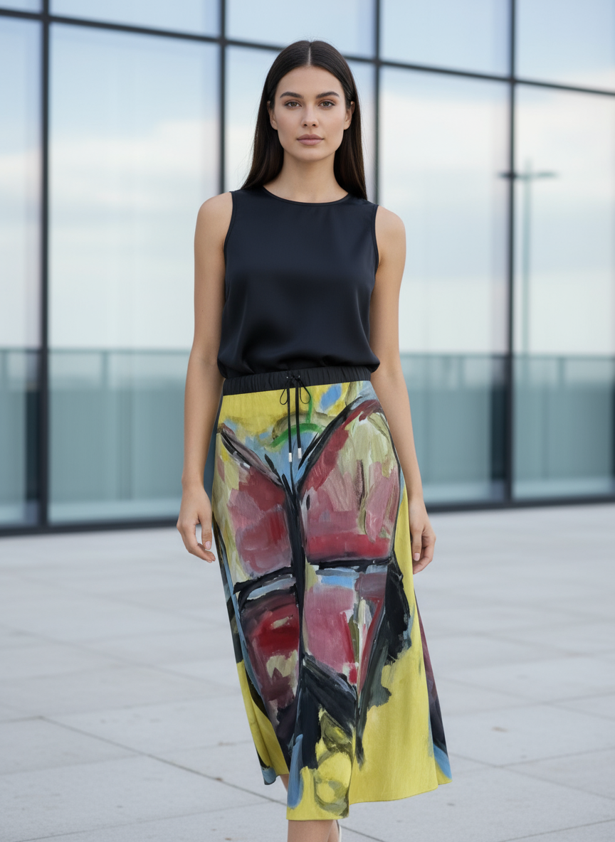Woman wearing a black sleeveless top and colorful abstract skirt in an urban setting.