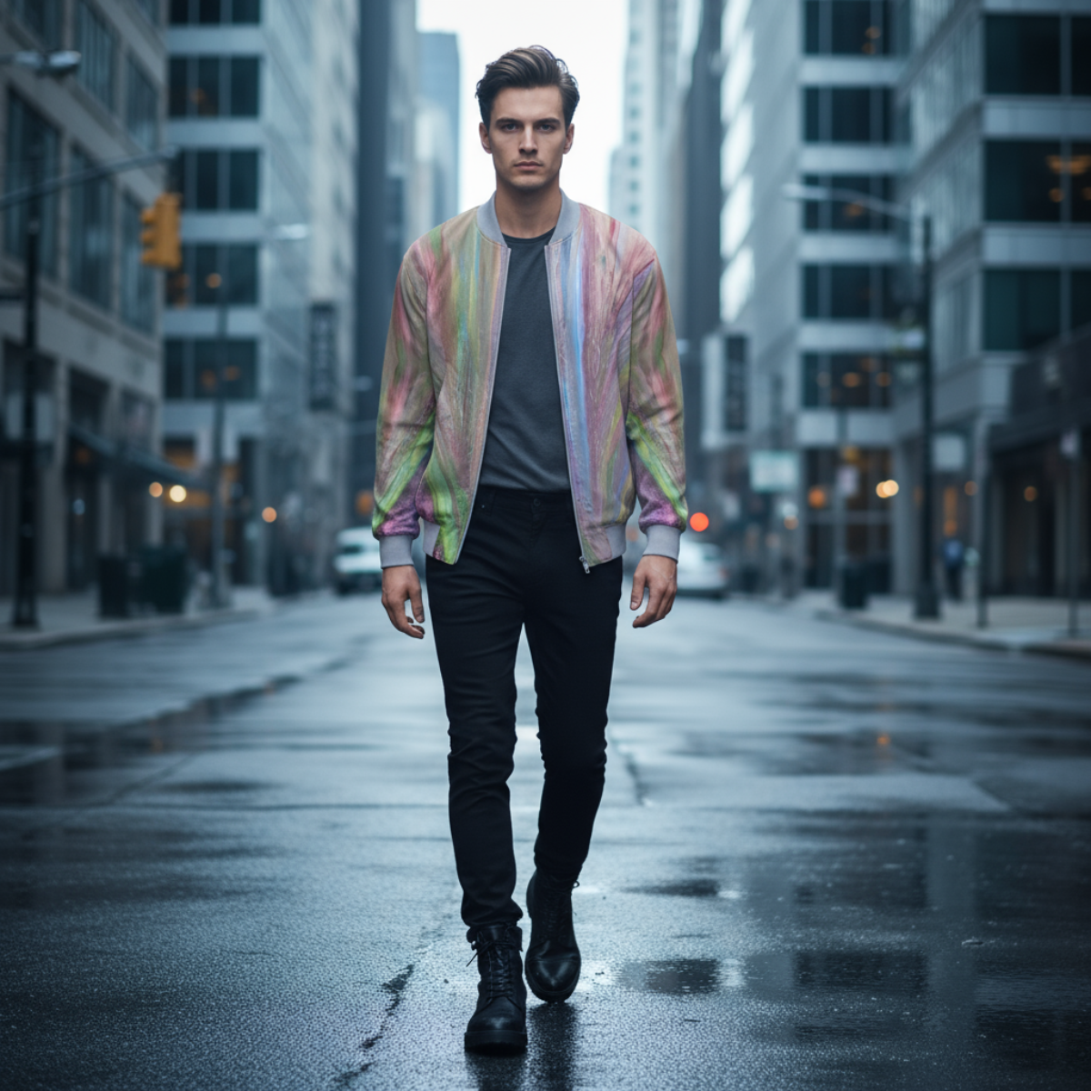 New Urban Rainbow Men's Bomber Jacket front view Urban Garden print fully lined ribbed cuffs waist high-quality zip handmade in London