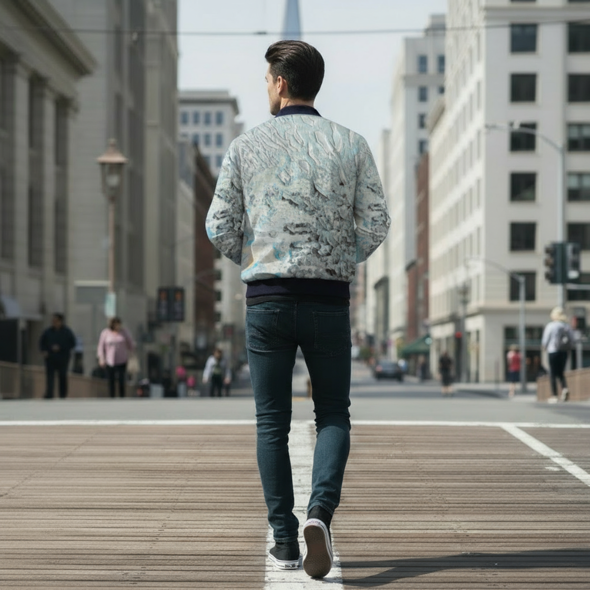 Man walking on a city street with buildings and pedestrians in the background