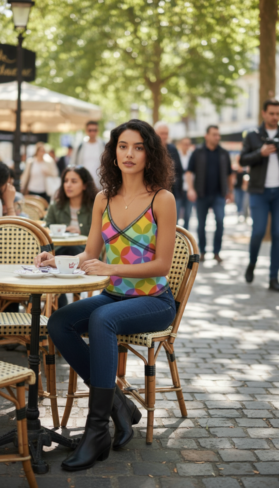 Woman sitting at an outdoor cafe table in a colorful top and jeans.