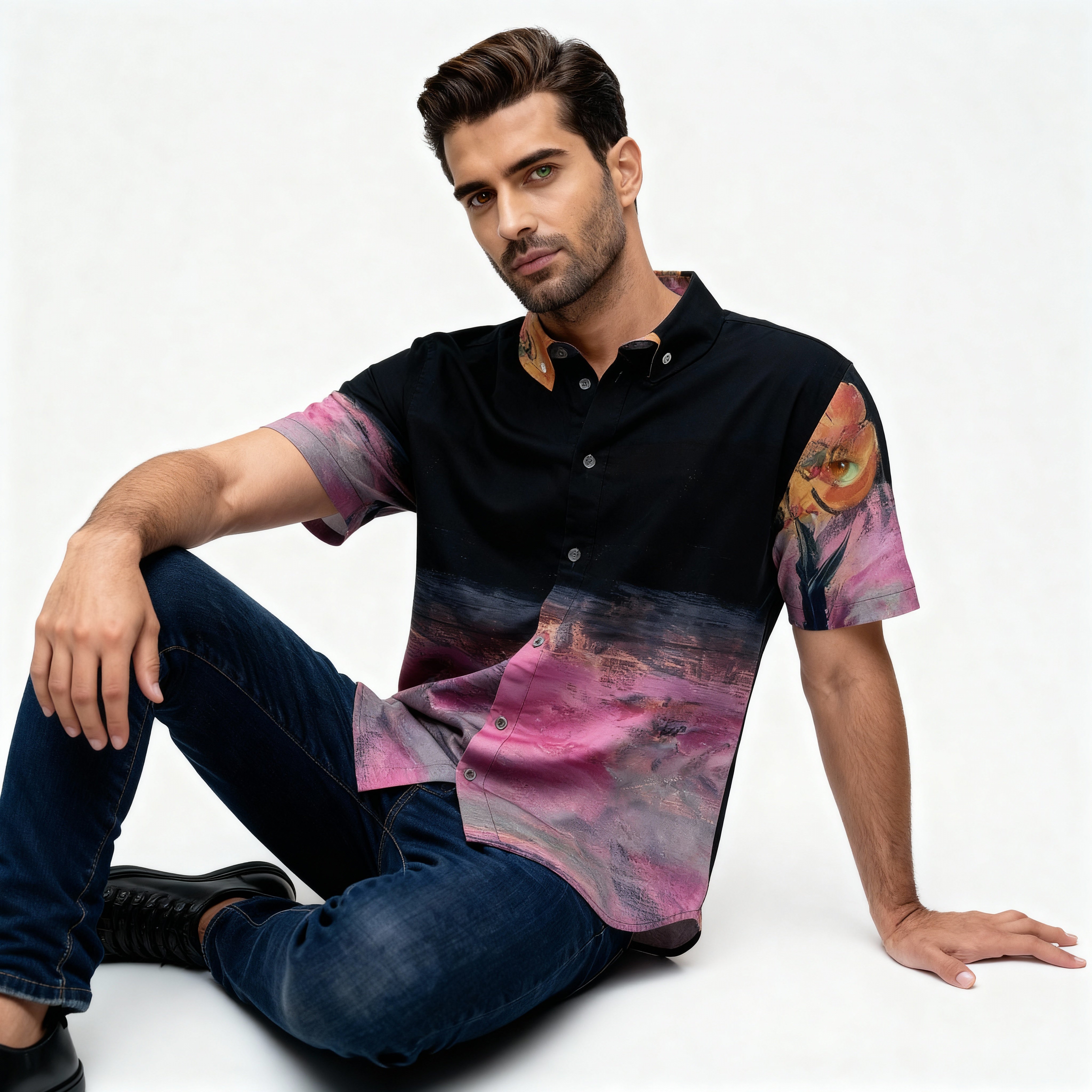 Desert Rose organic short sleeve men's shirt showing button-down collar mother-of-pearl buttons and floral oil-painting print