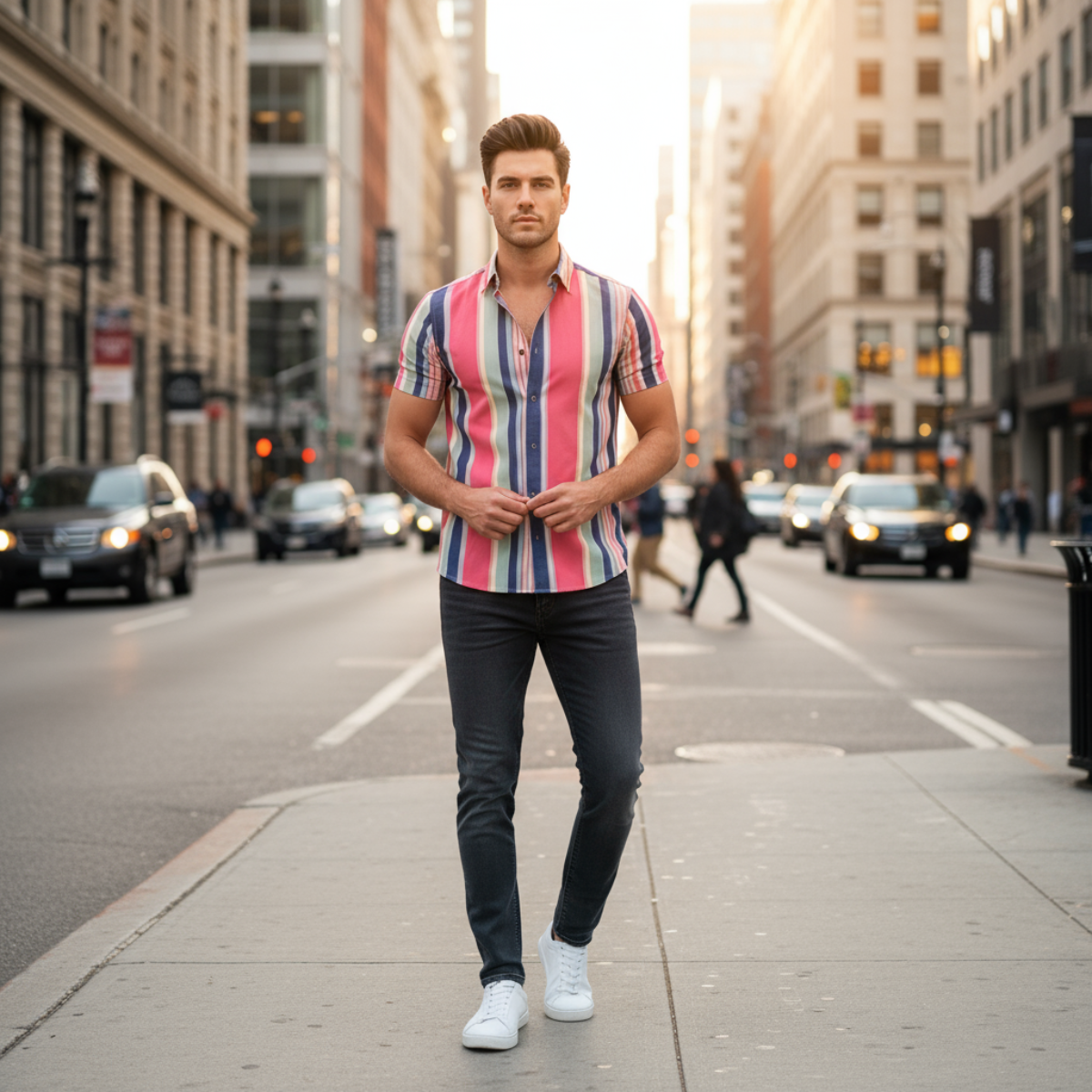 Man wearing a colorful striped shirt and dark jeans standing on a city street.