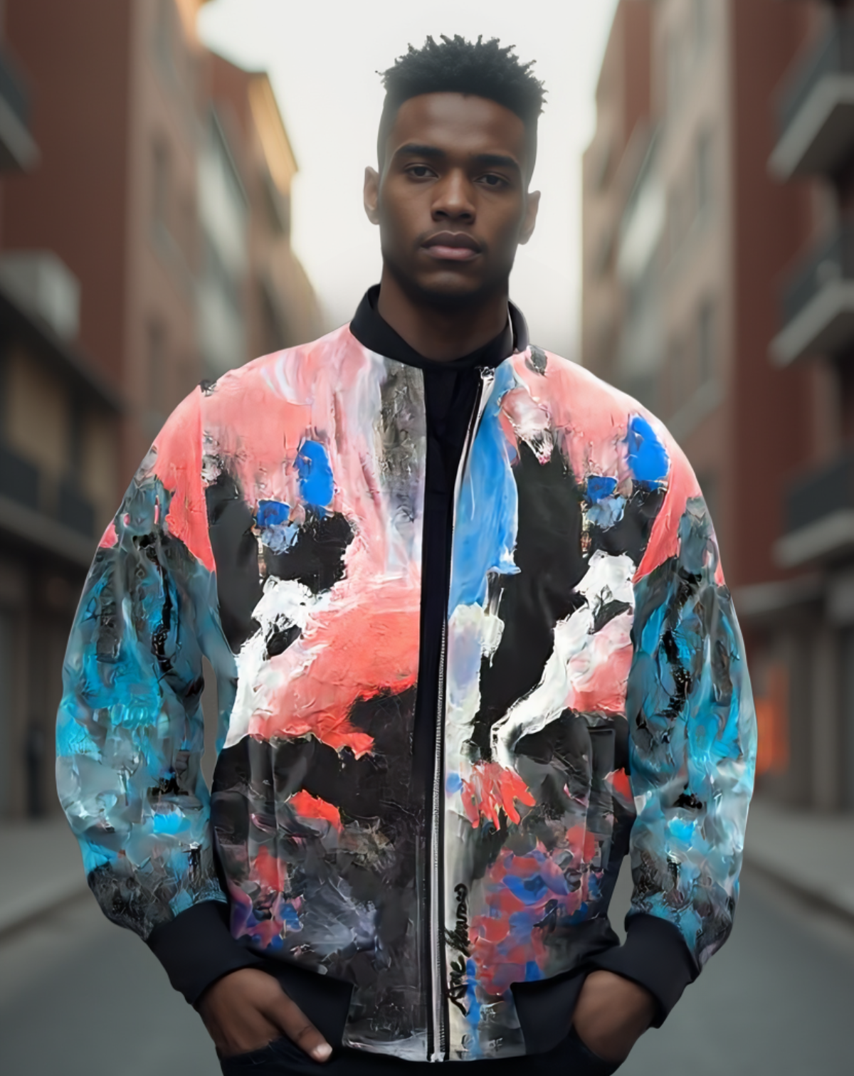 Person wearing a colorful jacket with abstract design on a city street