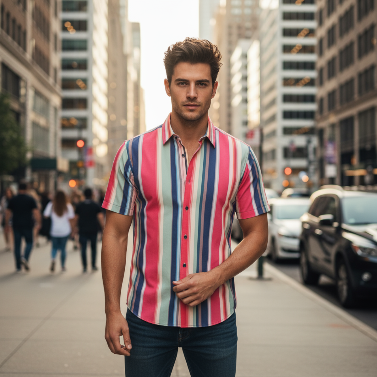 Man wearing a colorful striped shirt on a city street
