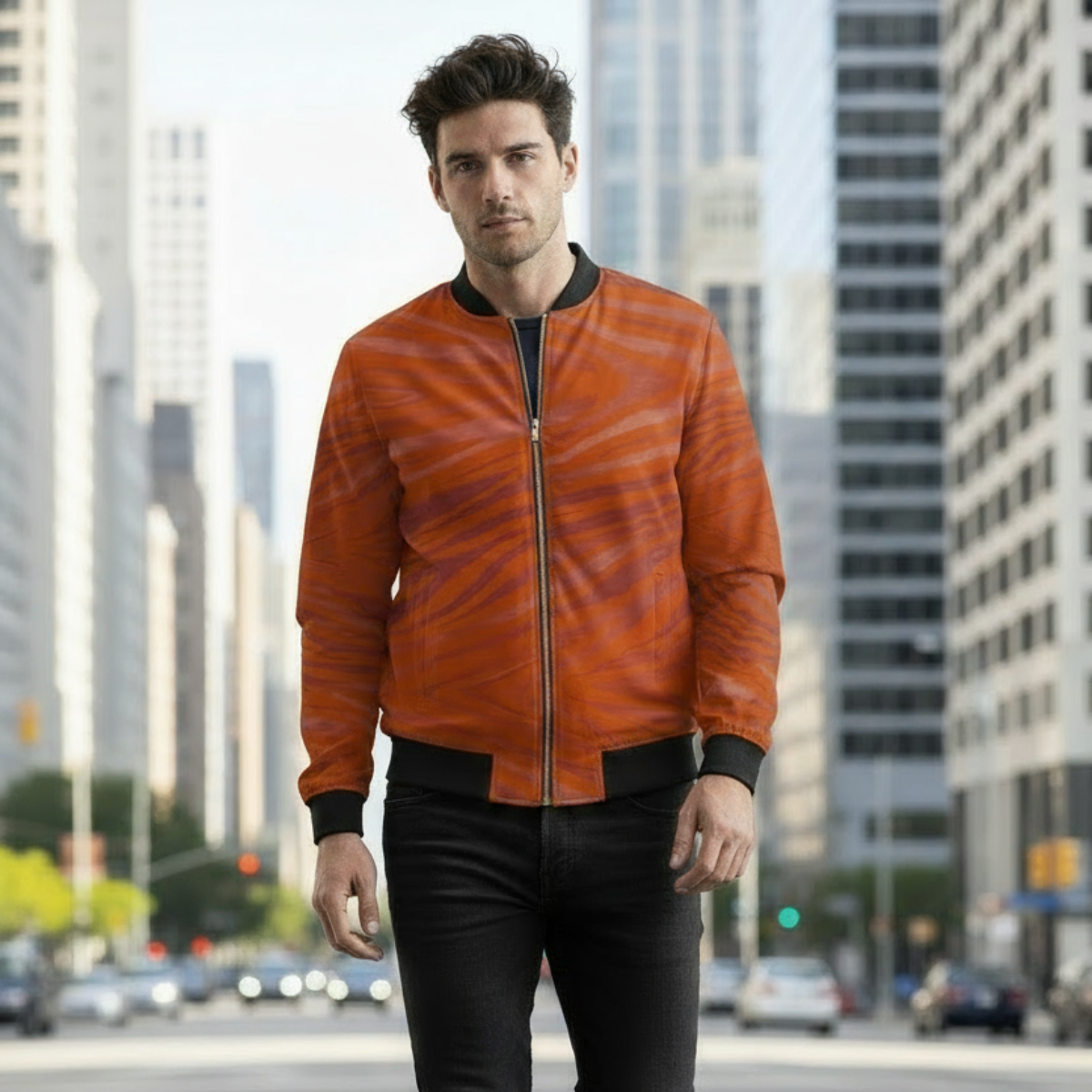 Man wearing an orange leather jacket walking on a city street.