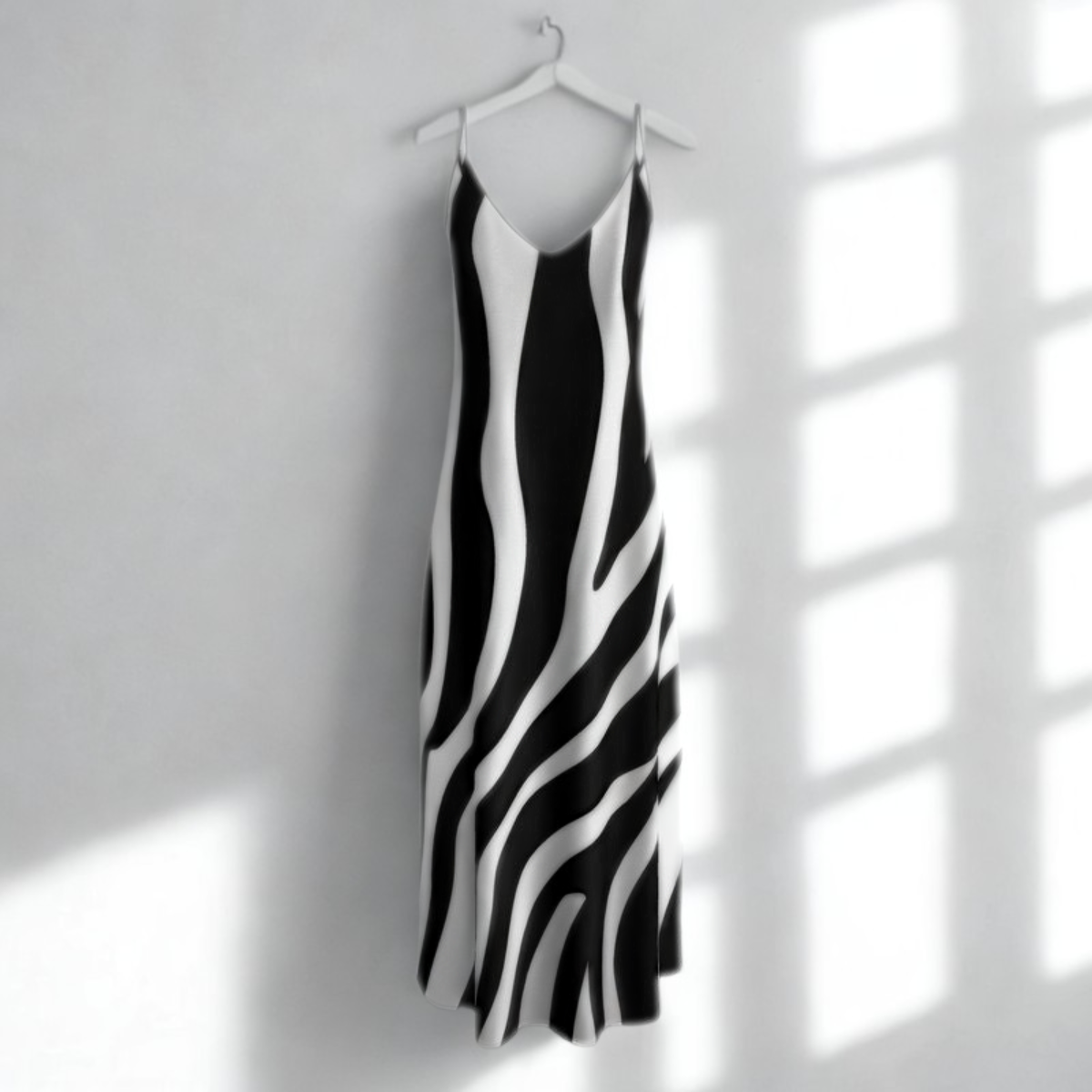 Black and white zebra-striped dress on a hanger against a white wall with sunlight casting shadows.
