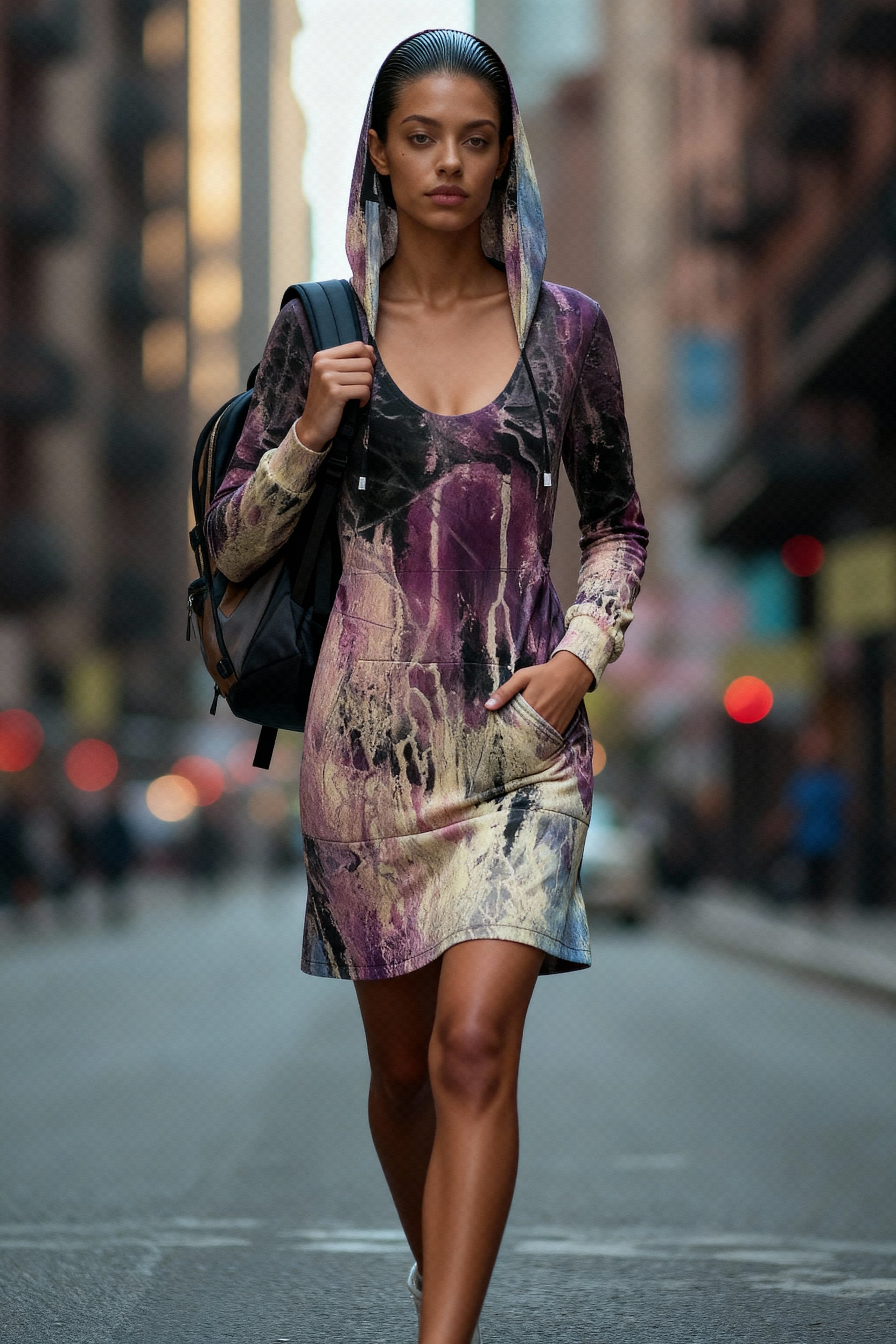 Woman in a colorful dress walking down a city street