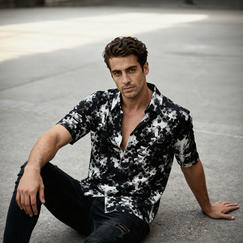 Urban Decay Organic Cotton Men's Shirt short sleeve button up Revere collar mother of pearl buttons artwork by Ane Howard