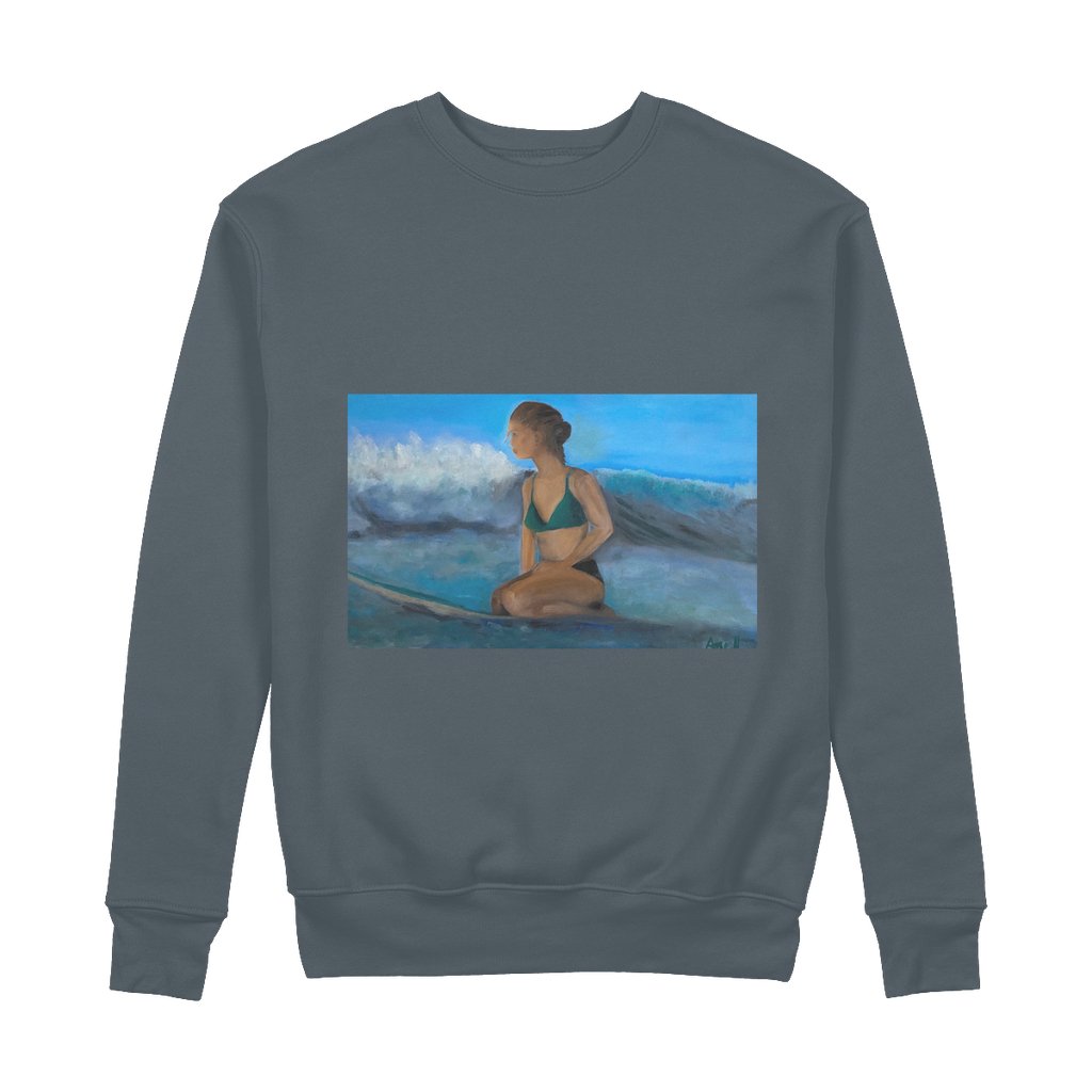 Surfer Waiting for the Next Wave organic cotton crew neck sweatshirt 280gsm brushed back GOTS OEKO-TEX